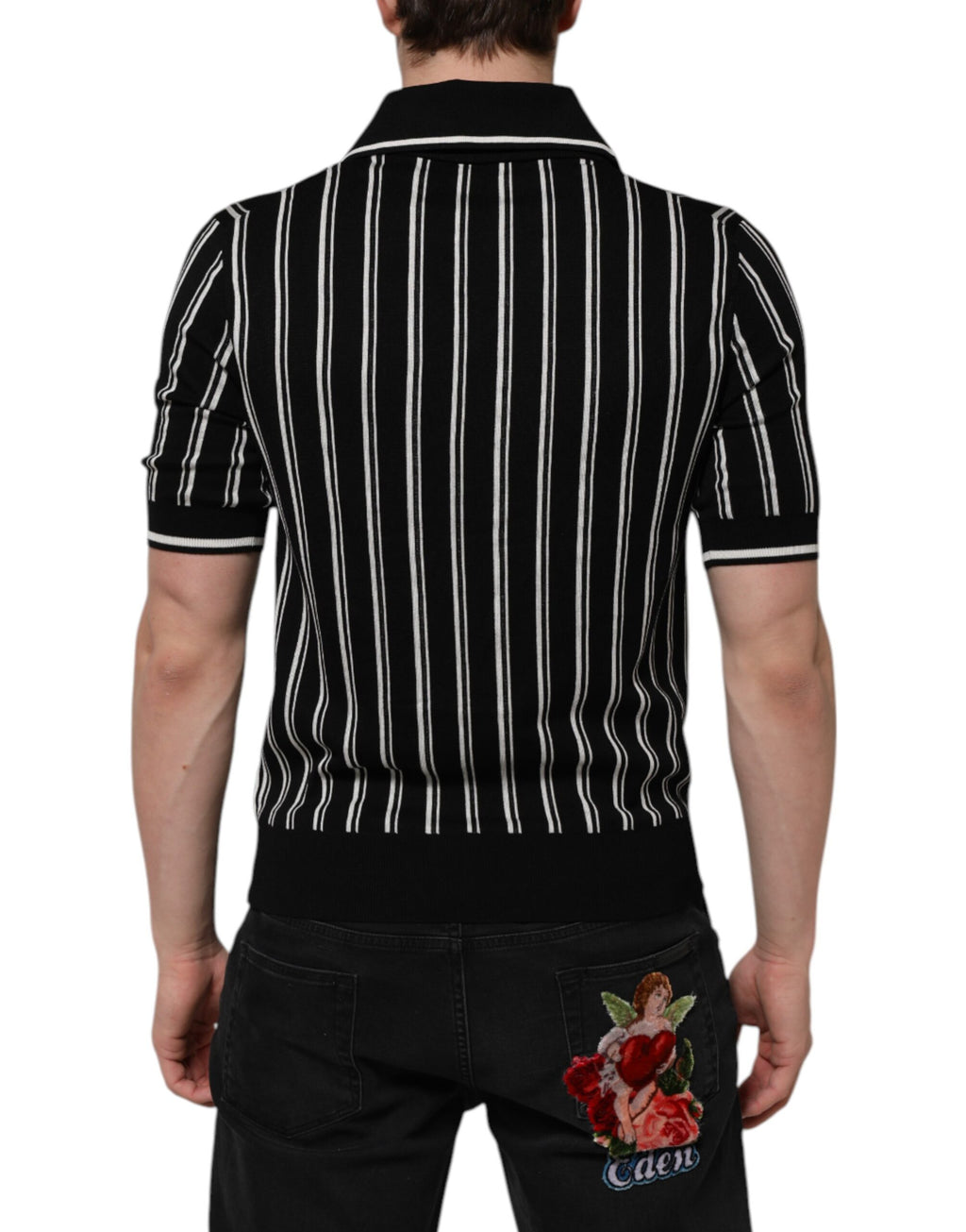 Polo homme Dolce & Gabbana à rayures noires et blanches avec col, en coton, vue de face.