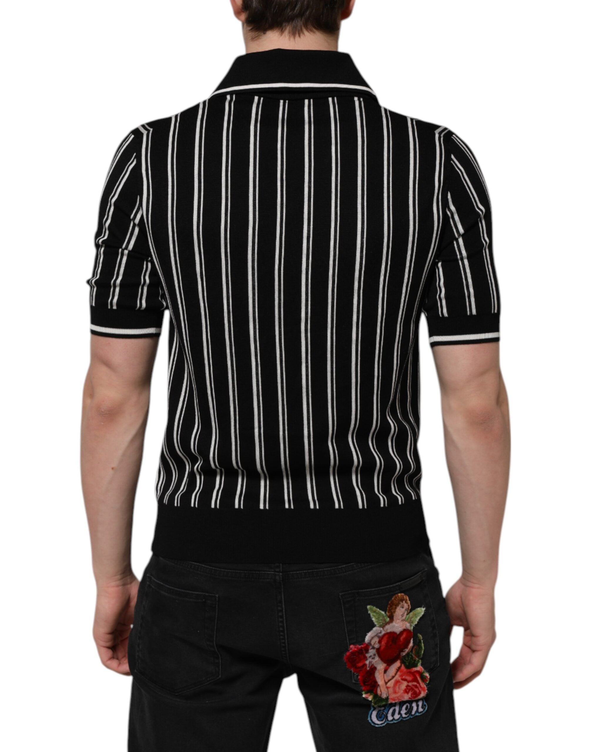 Polo homme Dolce & Gabbana à rayures noires et blanches avec col, en coton, vue de face.