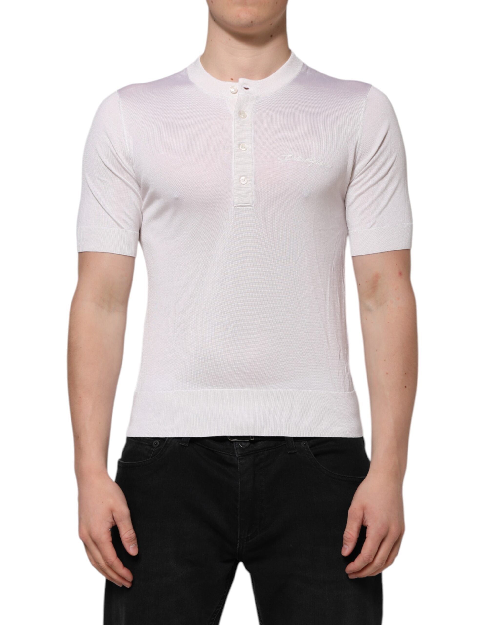 T-shirt homme à manches courtes en soie blanche Dolce & Gabbana, style Henley, vue de face.
