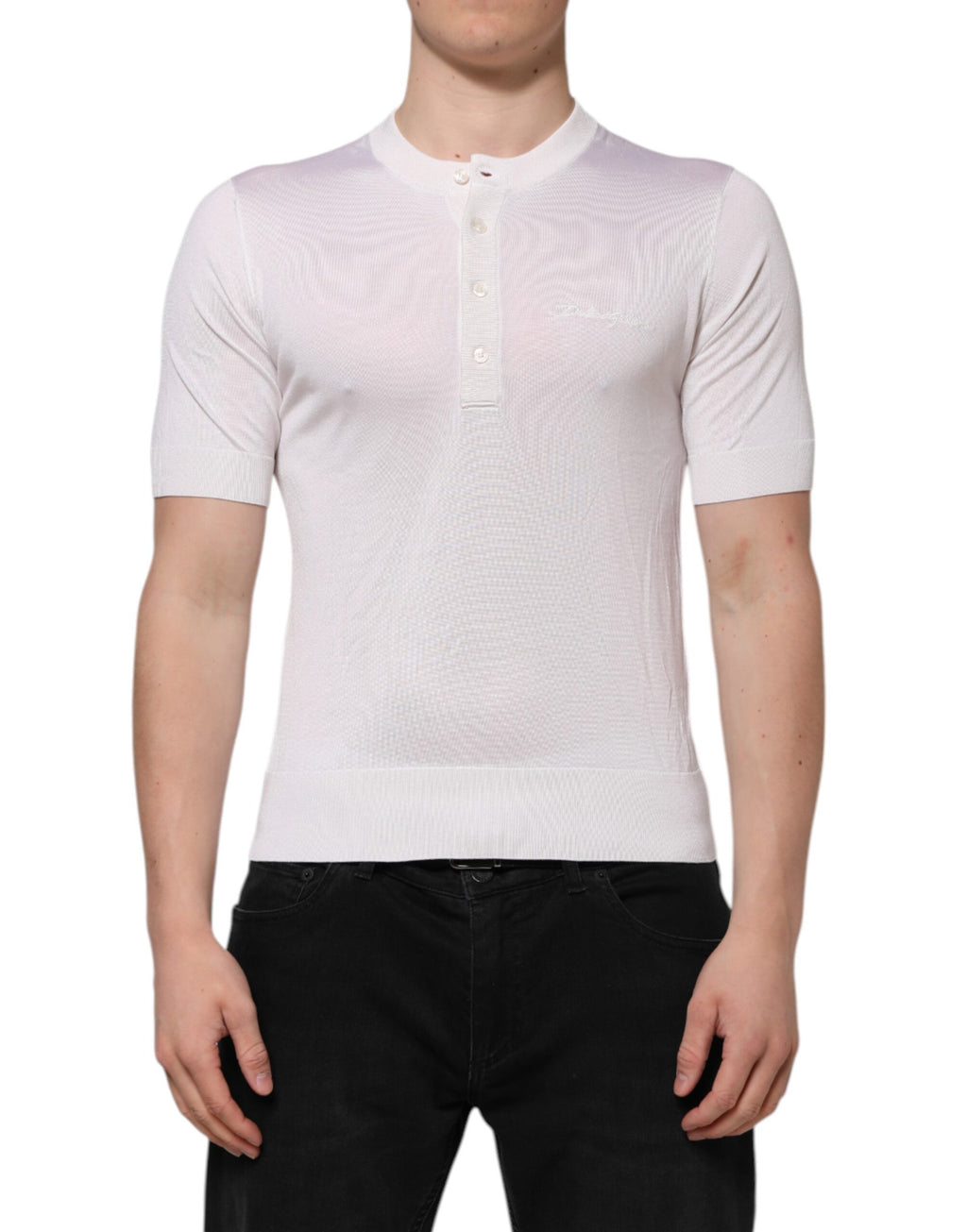 T-shirt pour homme en soie blanche avec manches courtes et col Henley, Dolce & Gabbana, vue de face.