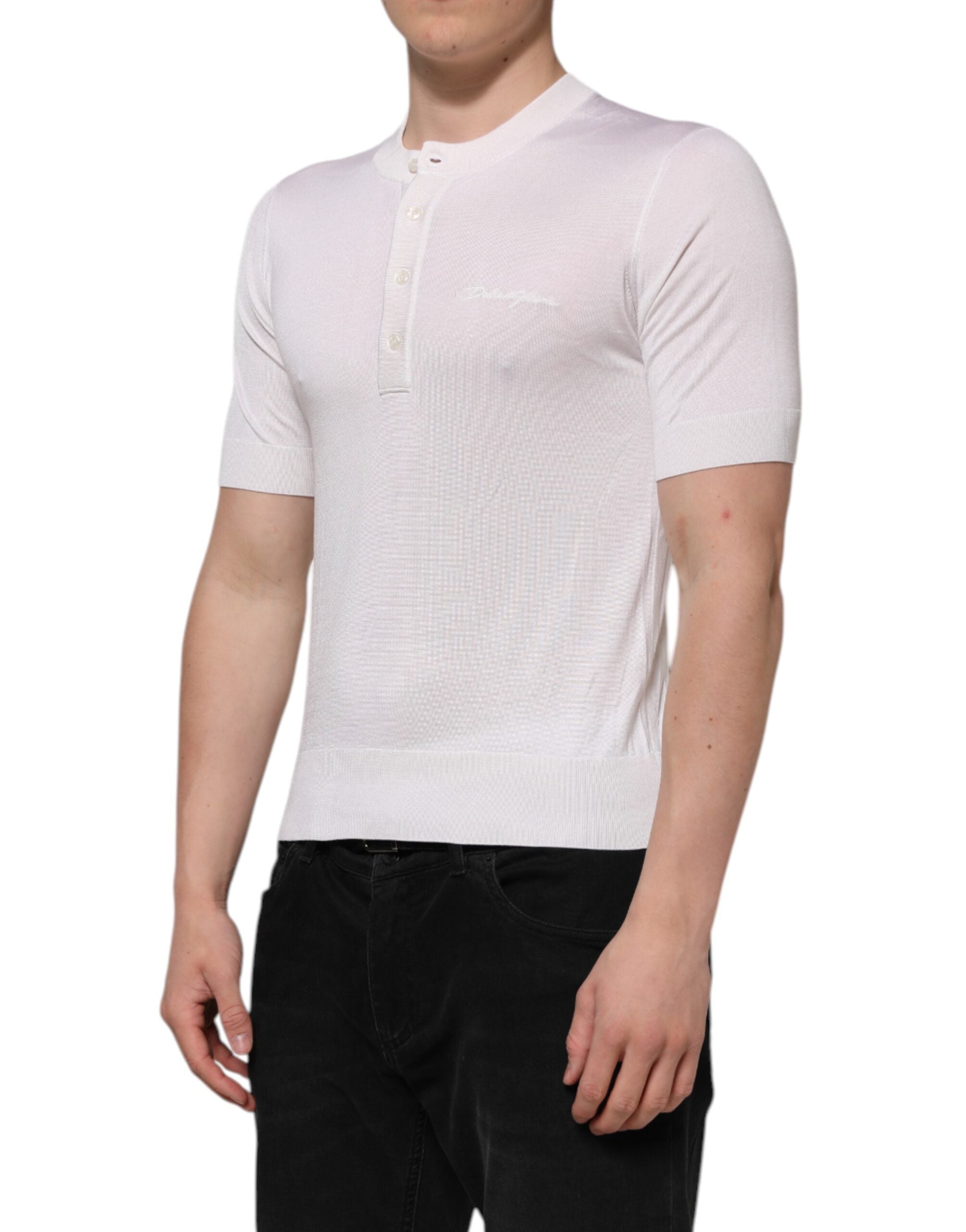 T-shirt homme Dolce & Gabbana en soie blanche à manches courtes et col Henley, élégance classique.