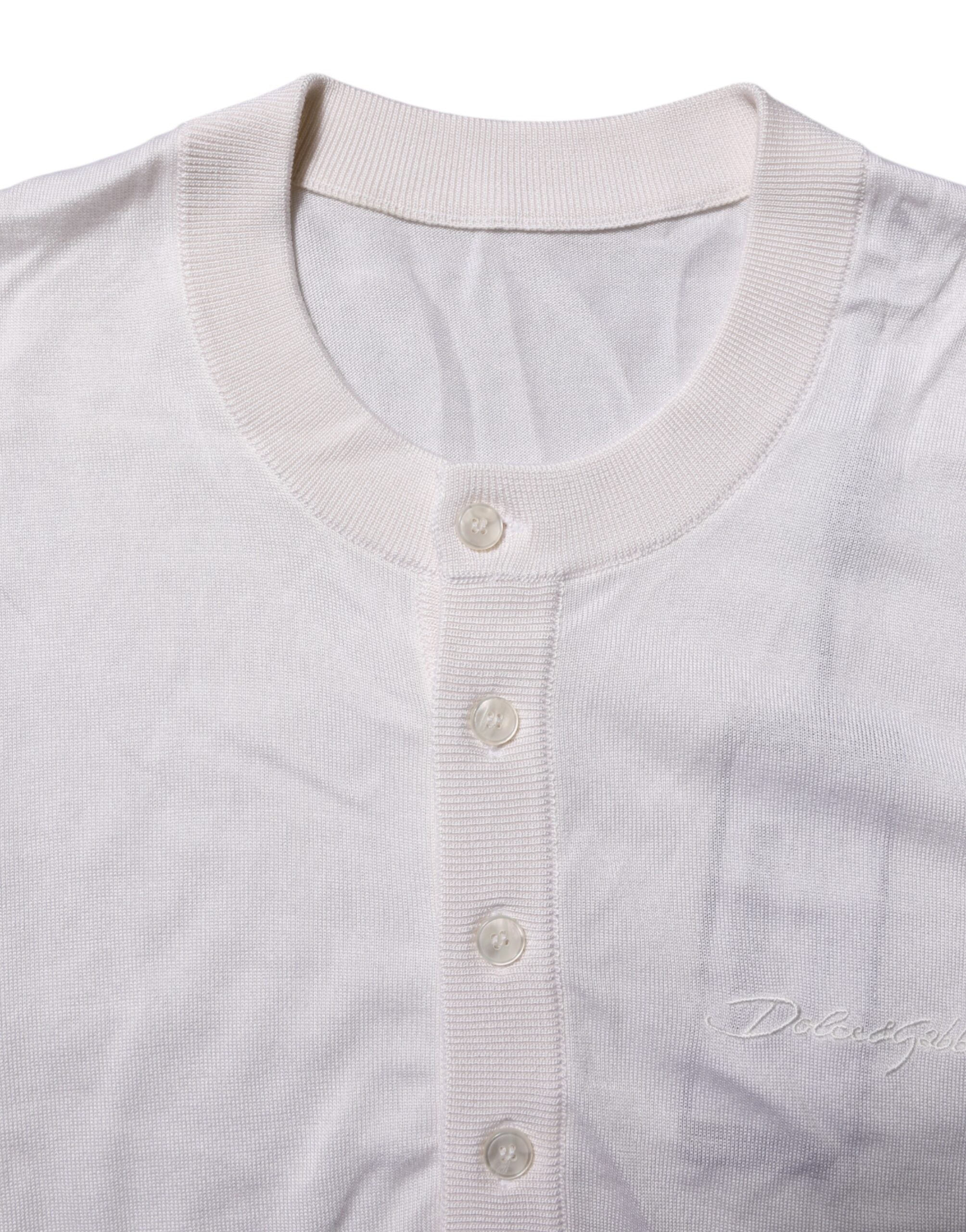 T-shirt à manches courtes en soie blanche Dolce & Gabbana pour homme, style Henley, avec col boutonné et finition élégante.