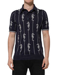 T-shirt polo Dolce & Gabbana bleu marine avec col et motif de cheval marin, détail brodé sur la poitrine.
