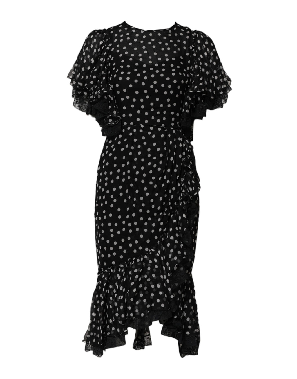 Robe en chiffon à pois noir et blanc de Dolce & Gabbana avec dentelle, élégante et fluide, pour une allure sophistiquée.