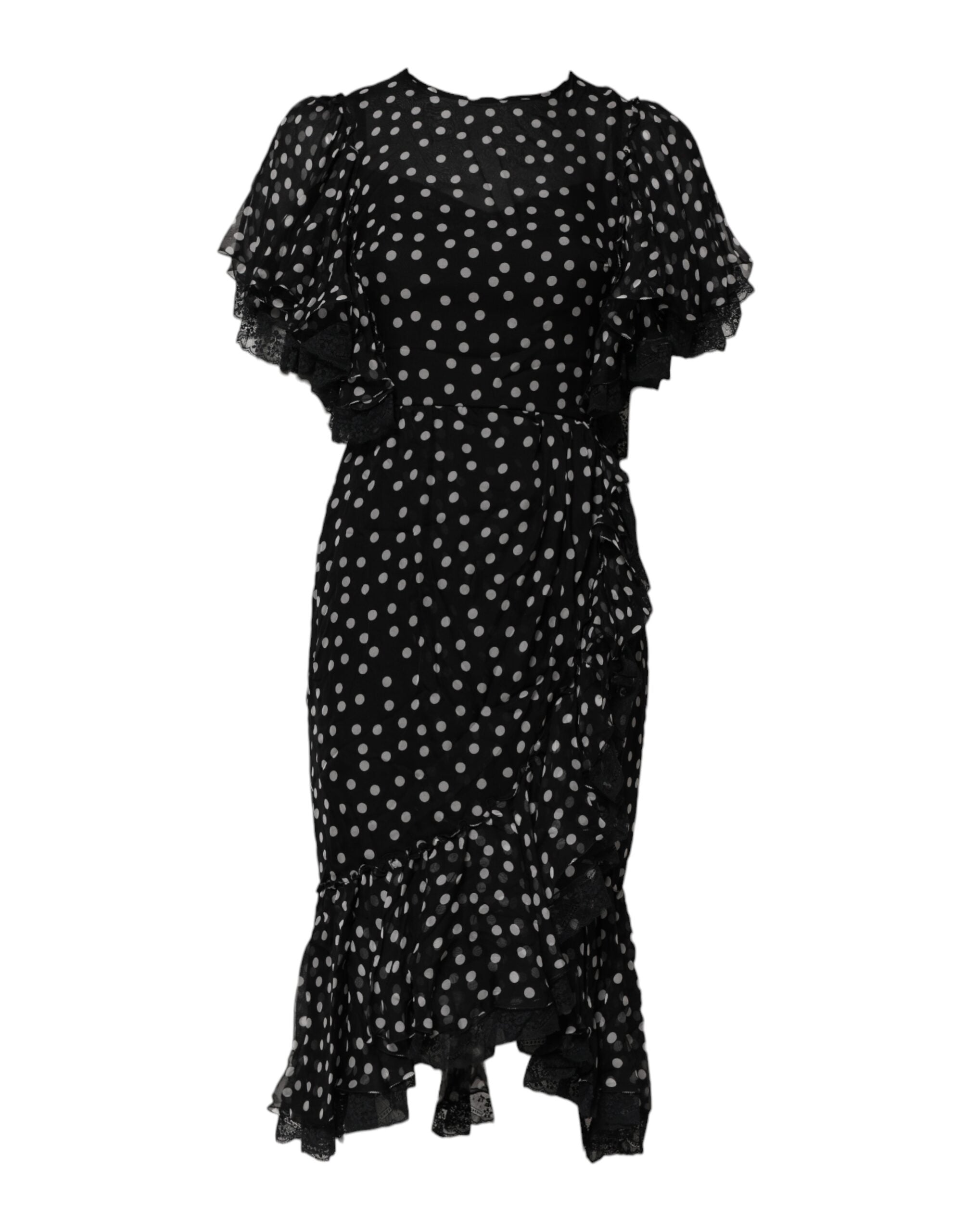 Robe en chiffon à pois noir et blanc de Dolce & Gabbana avec dentelle, élégante et fluide, pour une allure sophistiquée.
