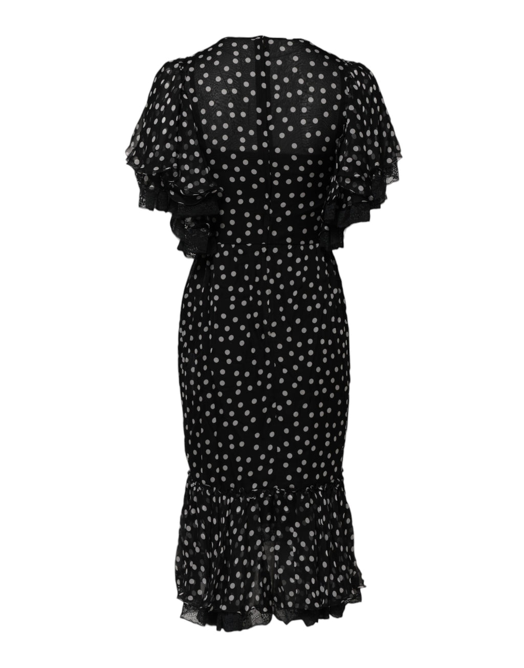 Robe en chiffon noir et blanc à pois en dentelle de Dolce & Gabbana, élégante et sophistiquée, avec détails délicats.