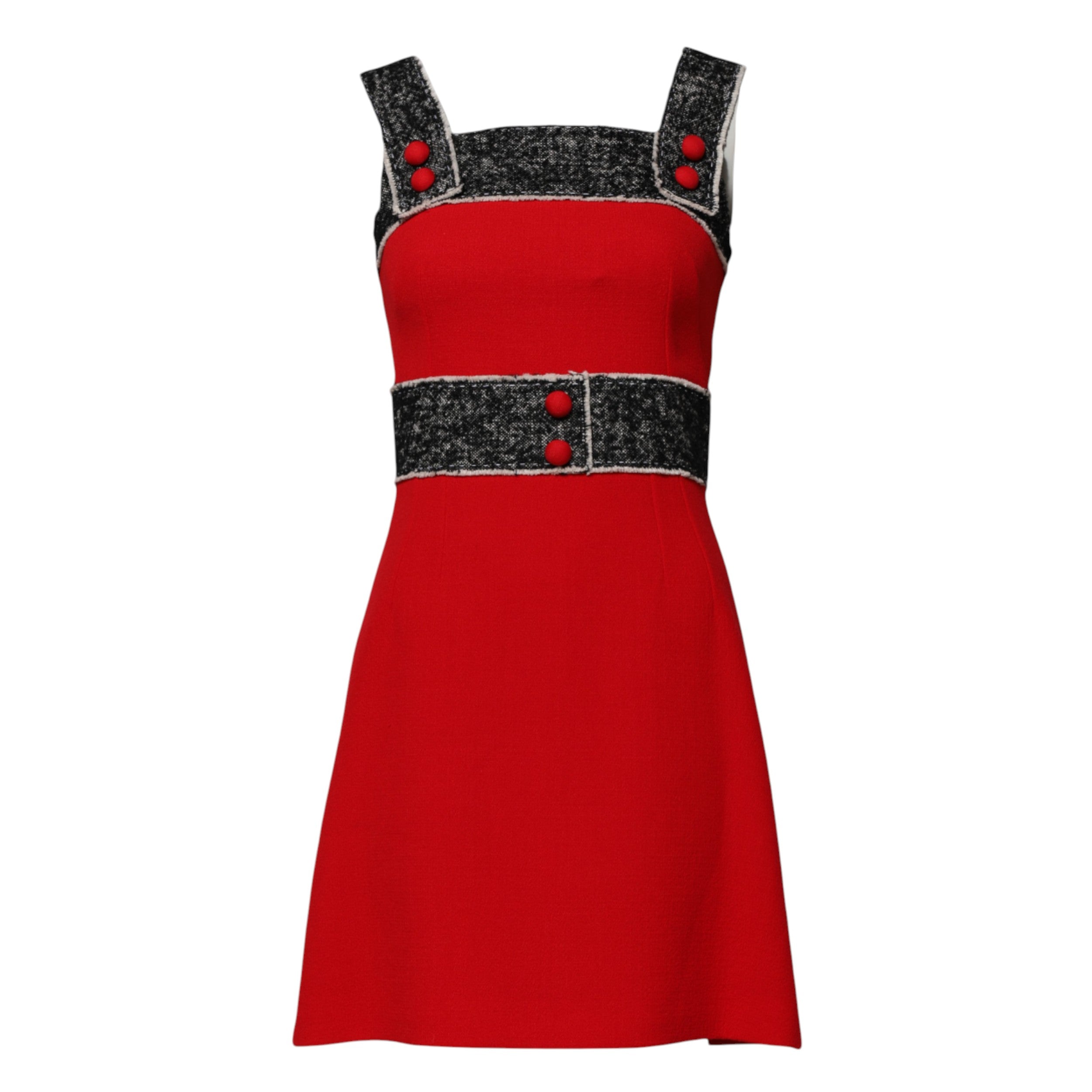 Robe en laine rouge sans manches Dolce & Gabbana, coupe évasée et style mini, vue de face sur fond blanc.