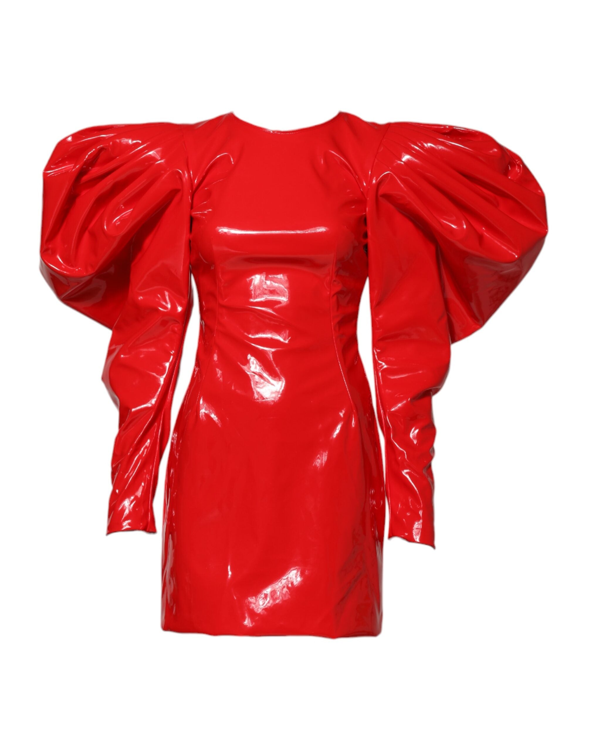 Robe mini rouge en cuir verni avec manches bouffantes de la marque Dolce & Gabbana, vue de face.
