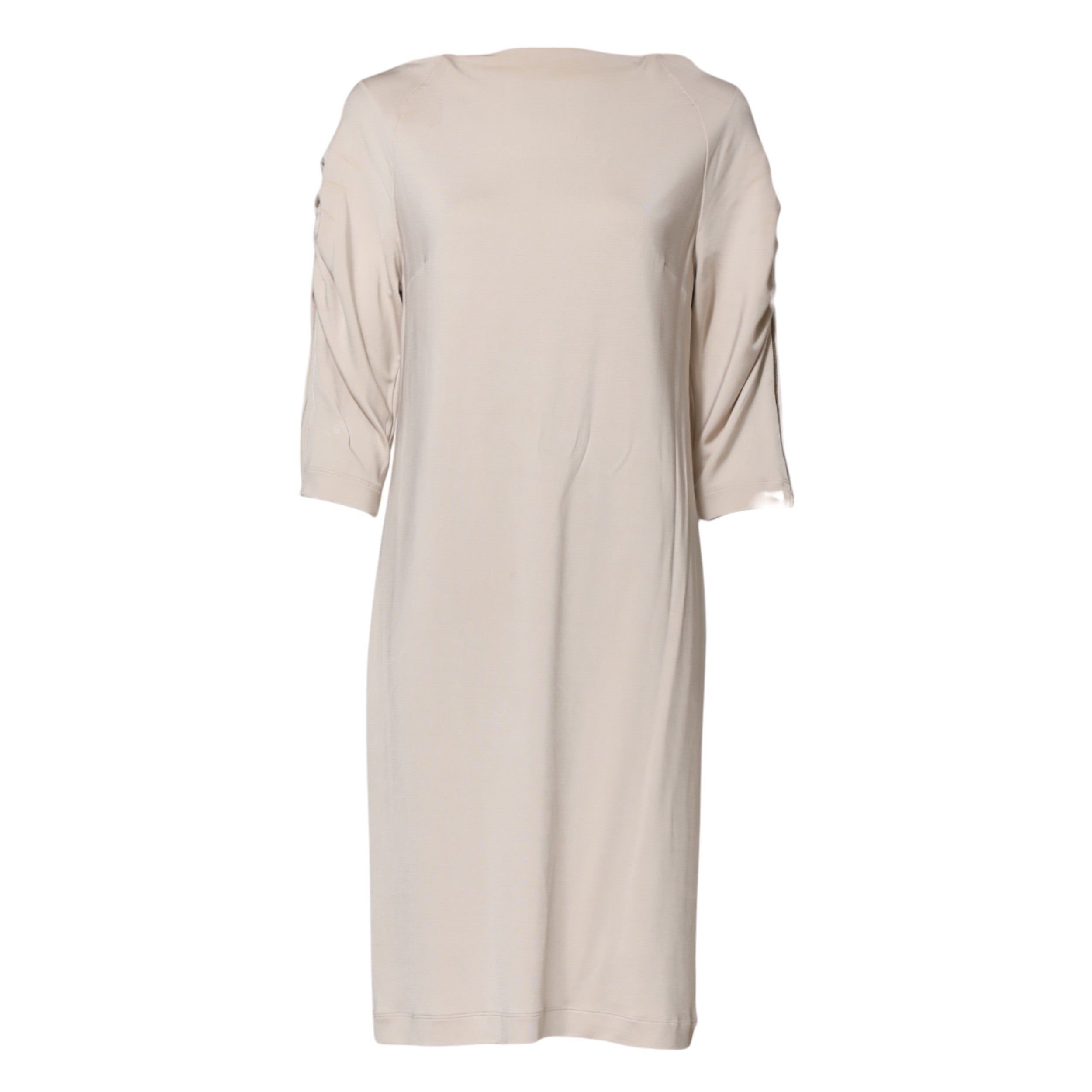 Robe droite Roberto Cavalli en viscose ivoire, longueur au genou, vêtement élégant pour femmes.