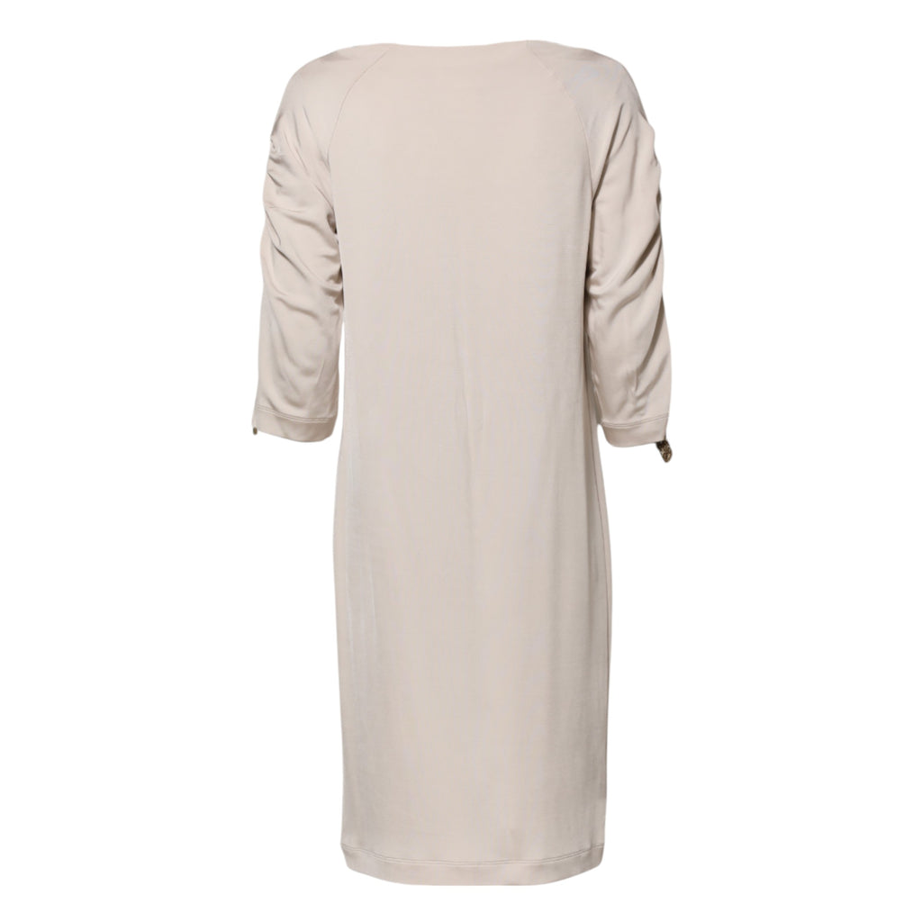 Robe droite en viscose ivoire Roberto Cavalli, longueur genou, robe élégante et sophistiquée, vue de face.