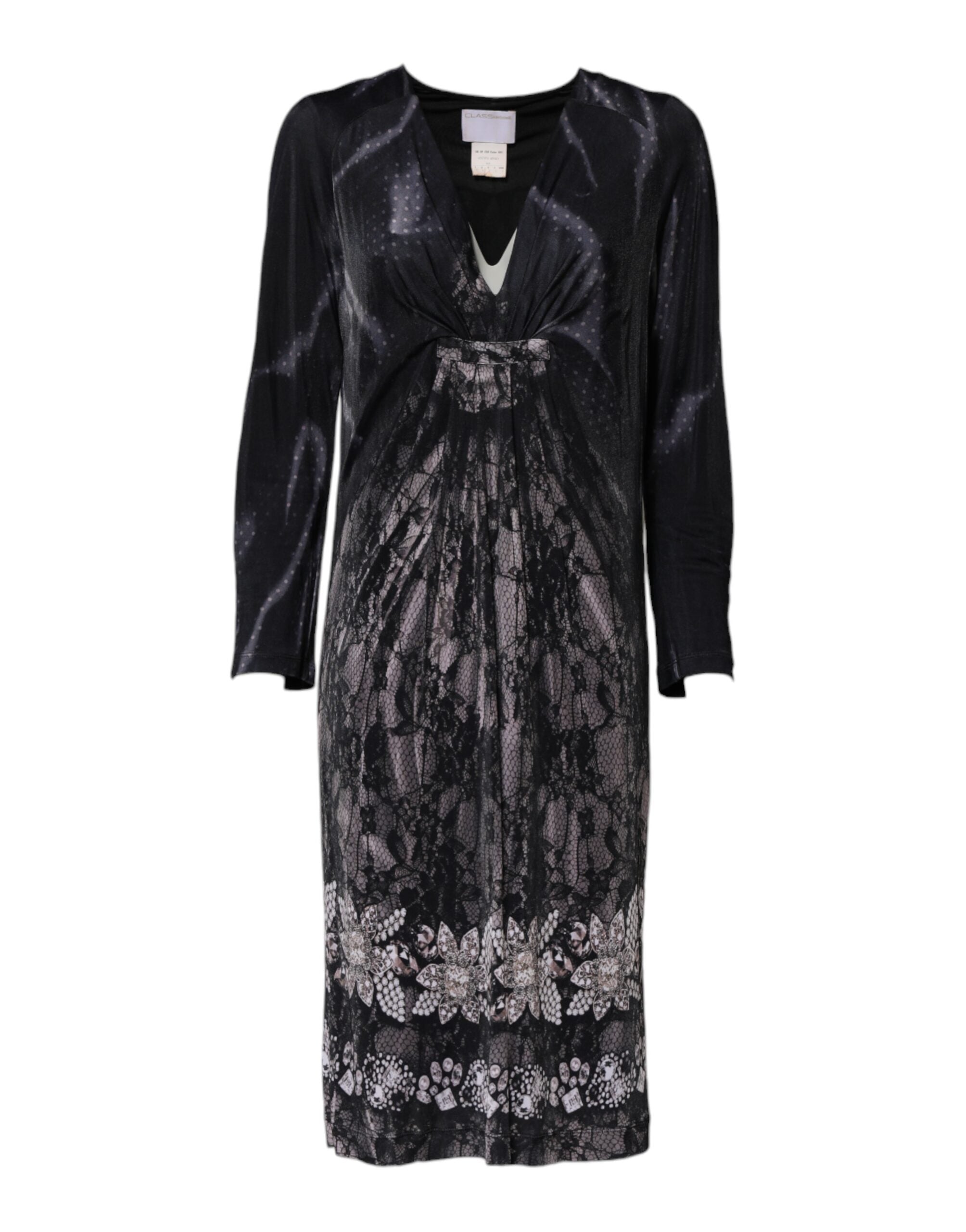 Robe midi noire Roberto Cavalli à fleurs en viscose, coupe ajustée, avec design floral élégant visible sur l'image.