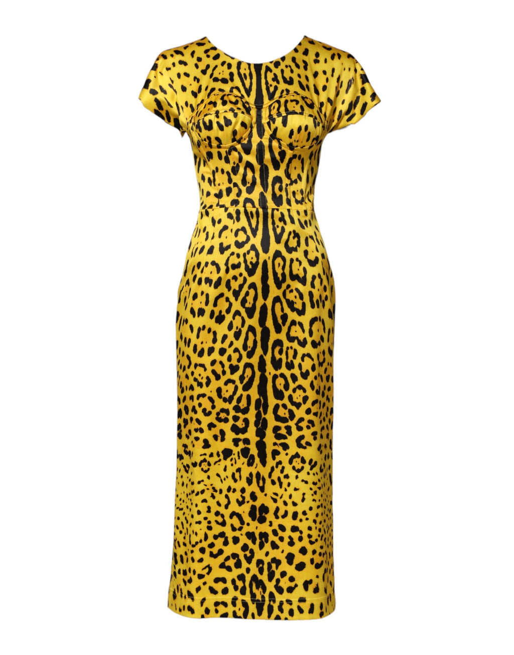 Robe midi en polyester à imprimé léopard jaune de Dolce & Gabbana, coupe ajustée et élégante, portée sur un mannequin.