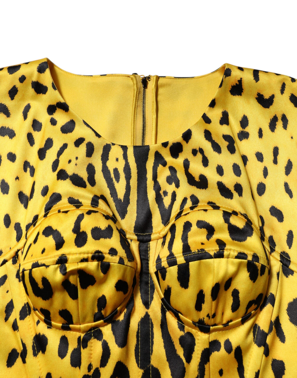 Robe midi ajustée en polyester jaune à motif léopard de Dolce & Gabbana, élégante et chic, visible en détail dans l'image.