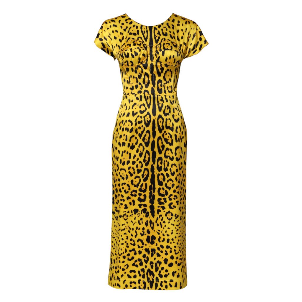 Robe midi en polyester jaune à motif léopard de Dolce & Gabbana, coupe droite élégante.