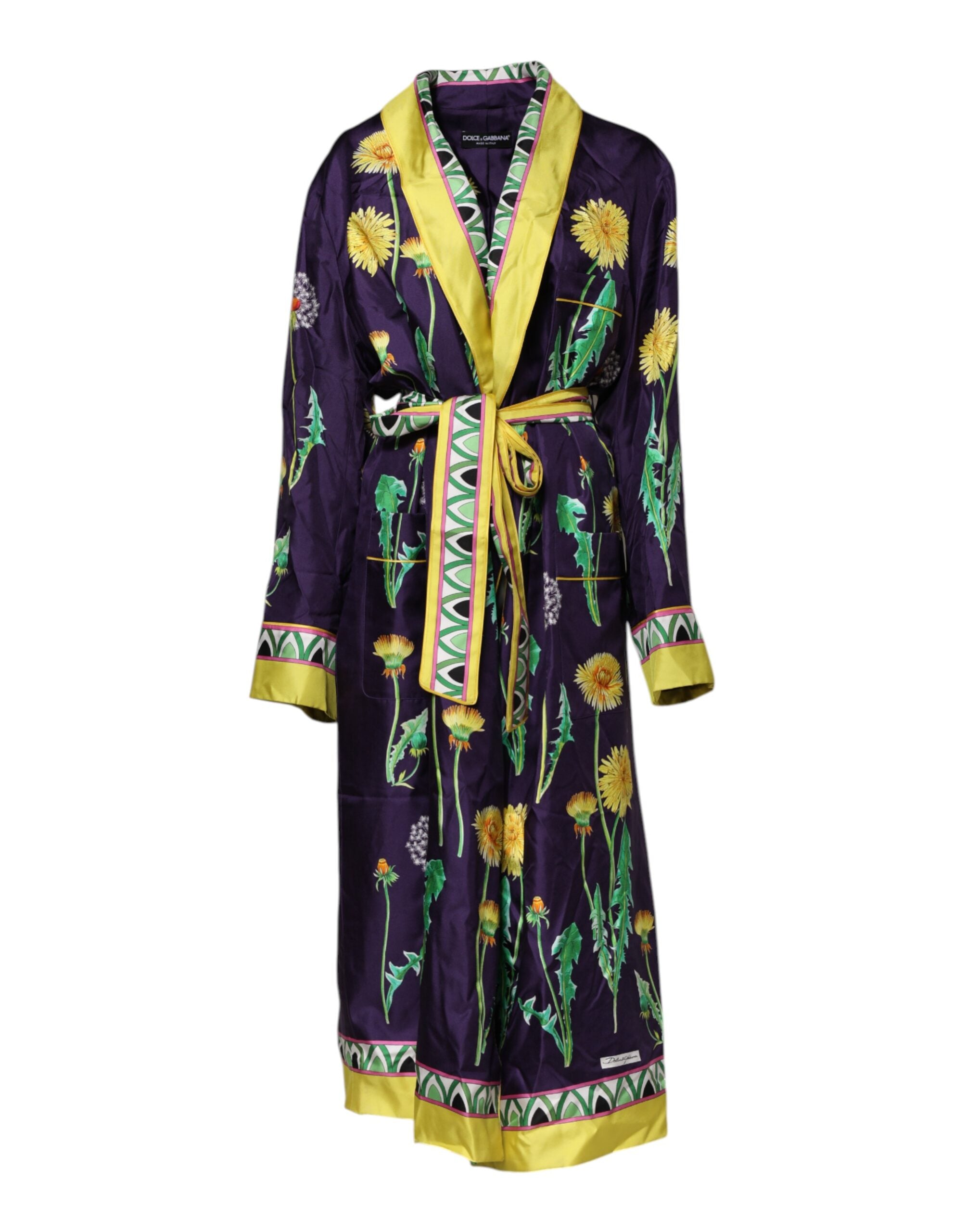 Robe longue en soie à manches longues Dolce & Gabbana avec imprimé floral bleu et style wrap élégant.