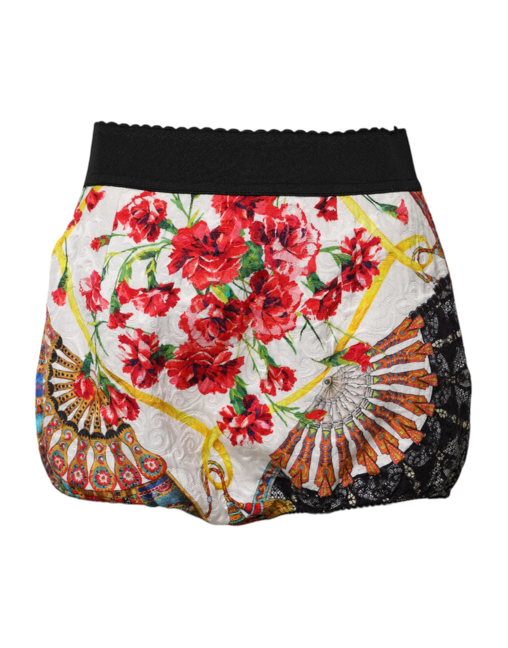 Shorts Dolce & Gabbana à fleurs multicolores, taille haute, en tissu léger, avec motif floral coloré, vue de face.
