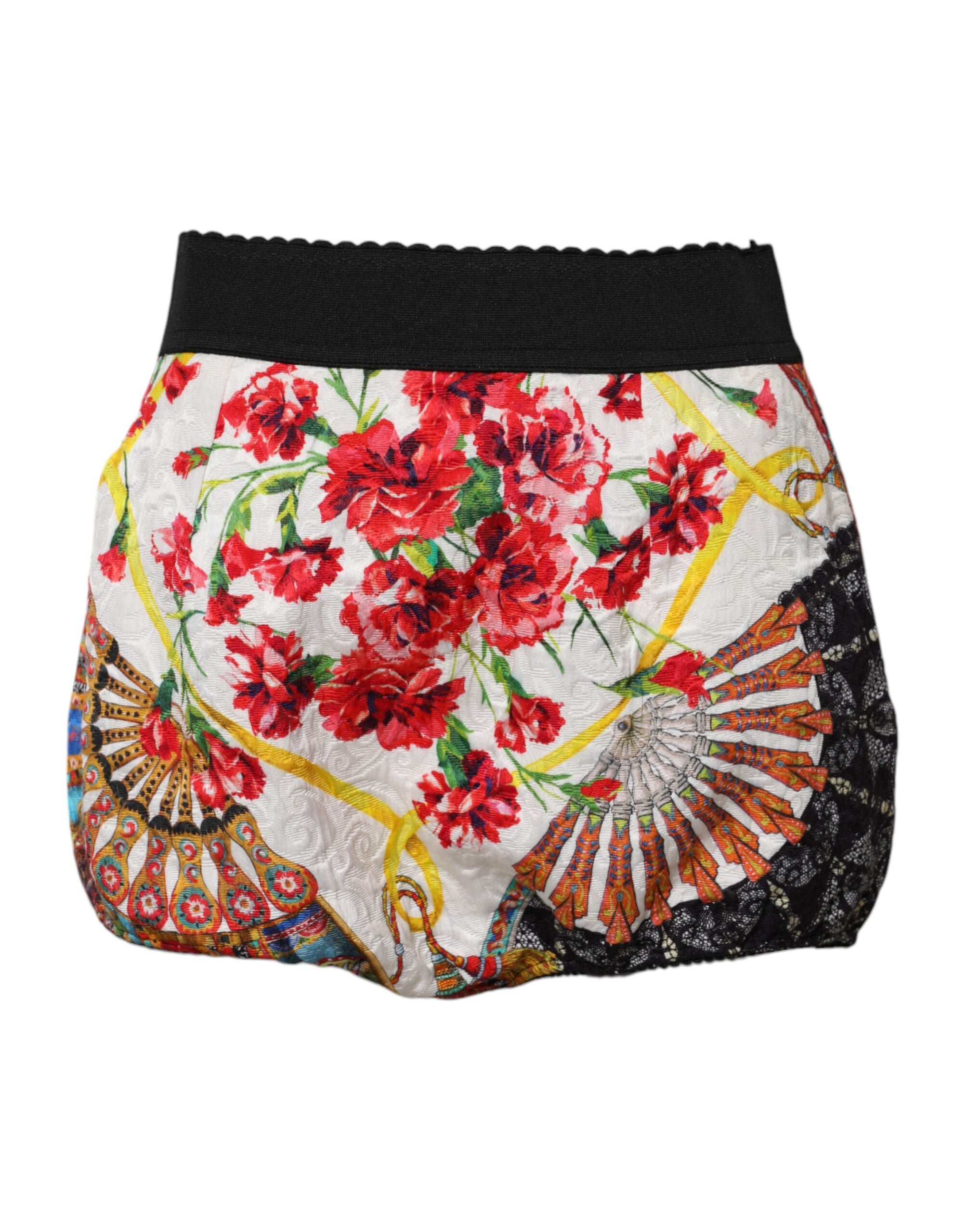 Shorts Dolce & Gabbana à fleurs multicolores, taille haute, en tissu léger, avec motif floral coloré, vue de face.