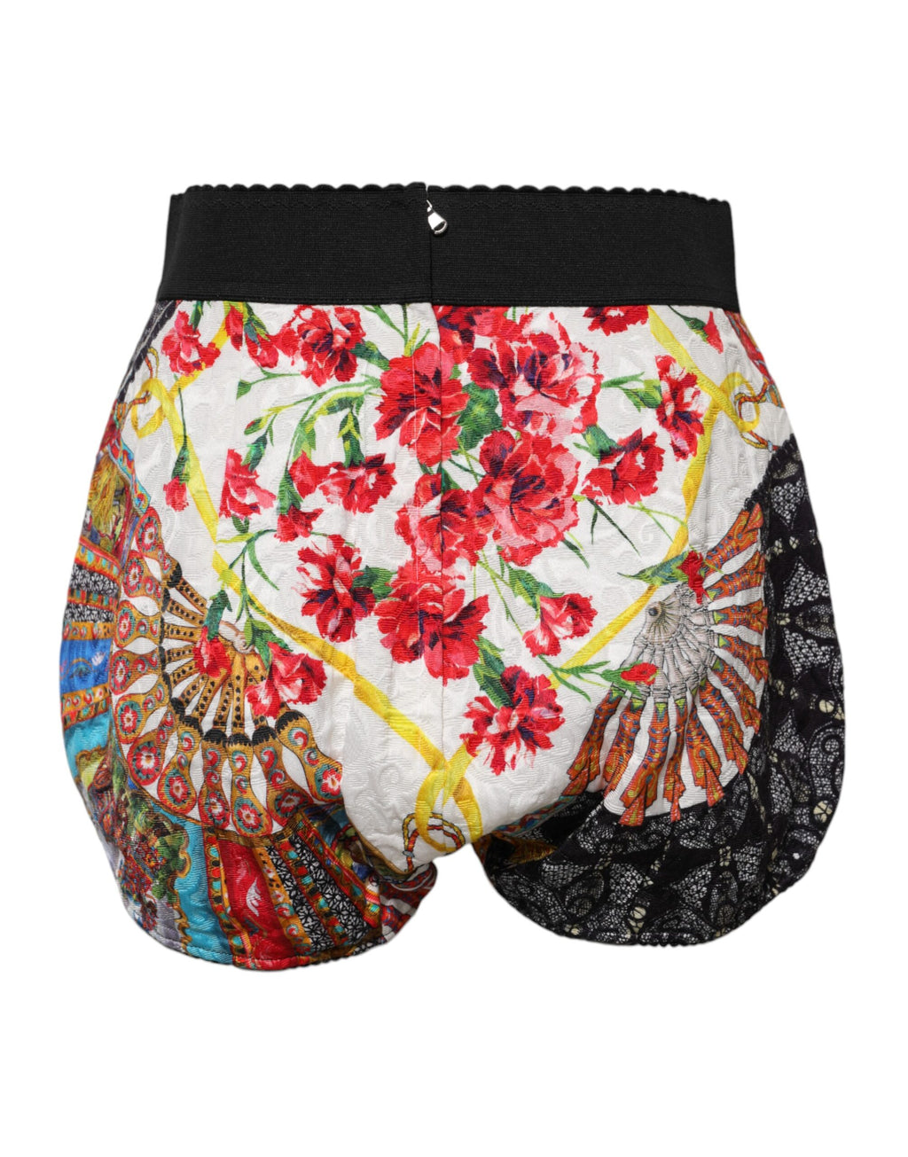 Shorts Dolce & Gabbana à fleurs multicolores, taille haute, coupe courte, tissu léger et élégant.
