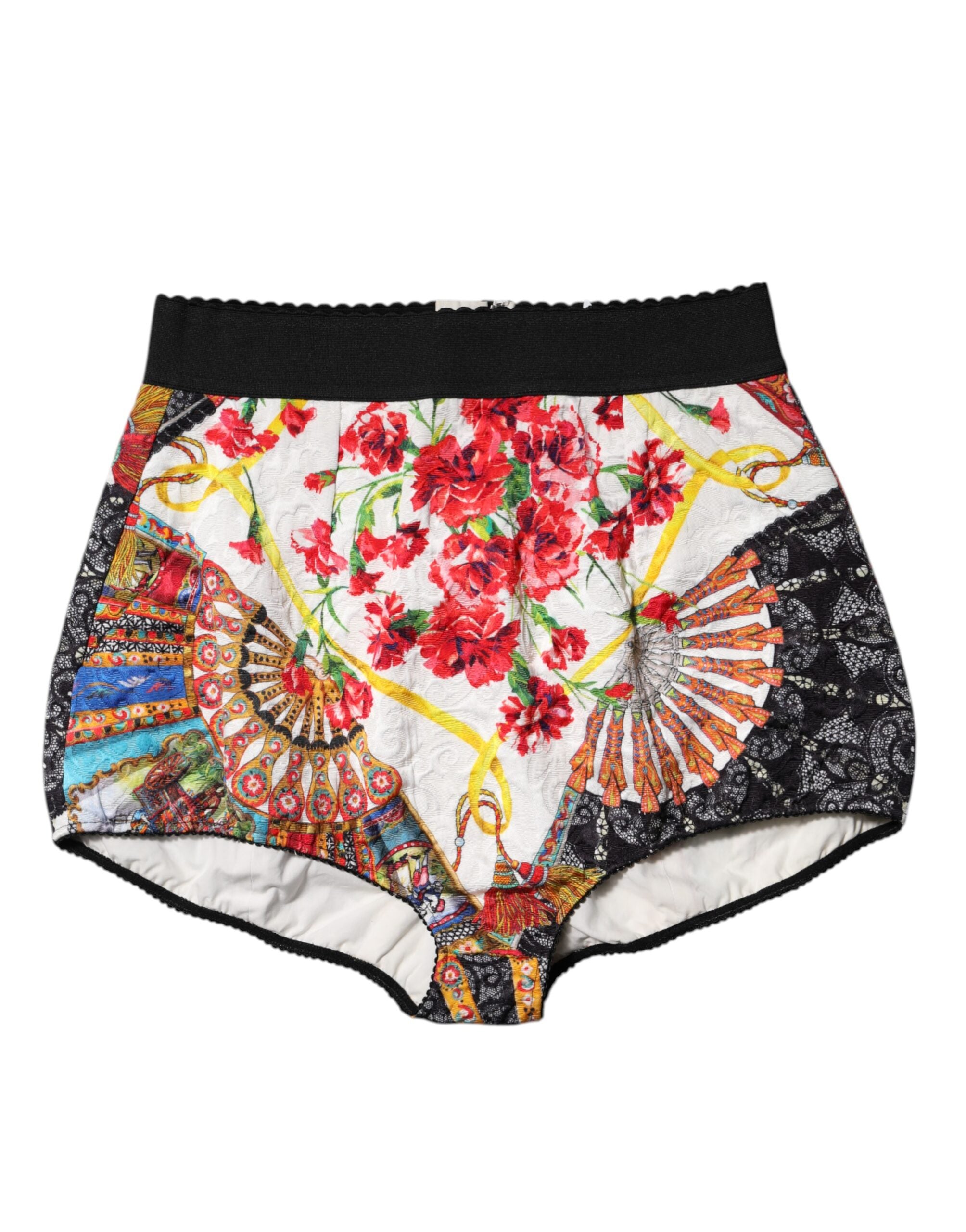 Shorts Dolce & Gabbana à taille haute multicolores avec motif floral pour femmes, mode estivale élégante.
