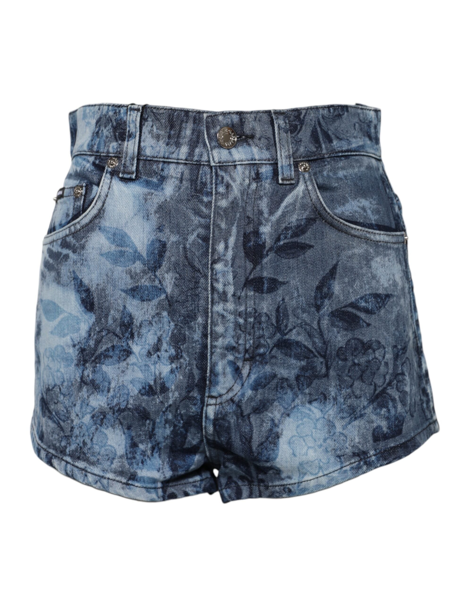 Shorts en denim coton Dolce & Gabbana avec imprimé floral bleu, style hot pants, visibles avec détails floraux et coupe tendance