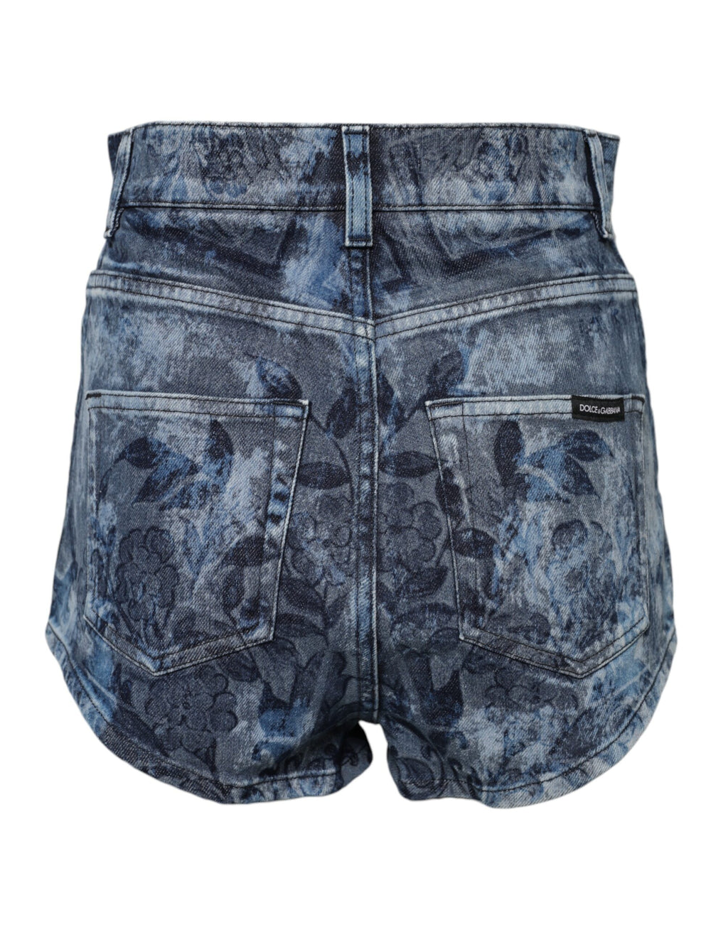 Shorts en denim coton Dolce & Gabbana à imprimé floral bleu, style hot pants, visibles avec détails de la mode.