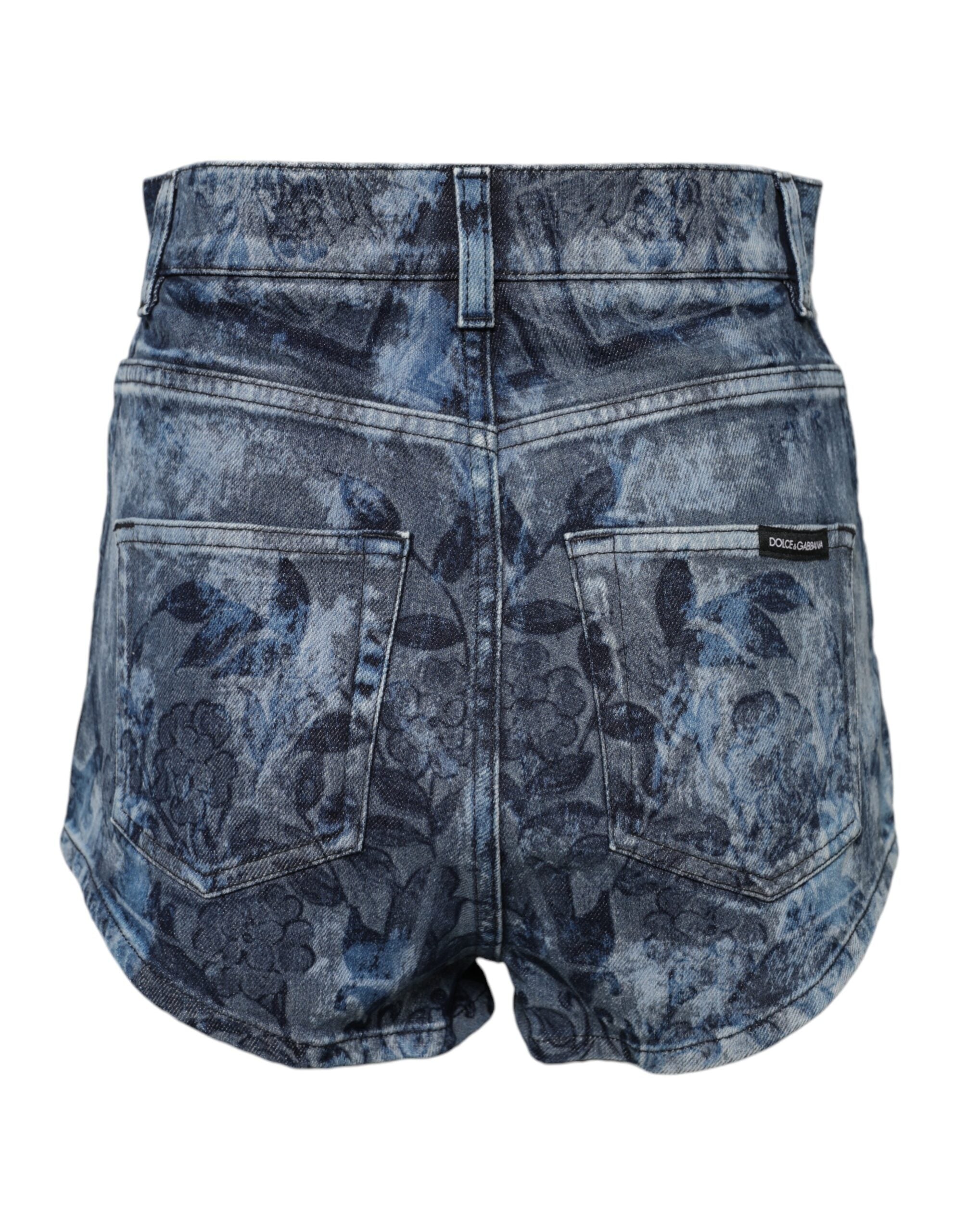 Shorts en denim coton Dolce & Gabbana à imprimé floral bleu, style hot pants, visibles avec détails de la mode.