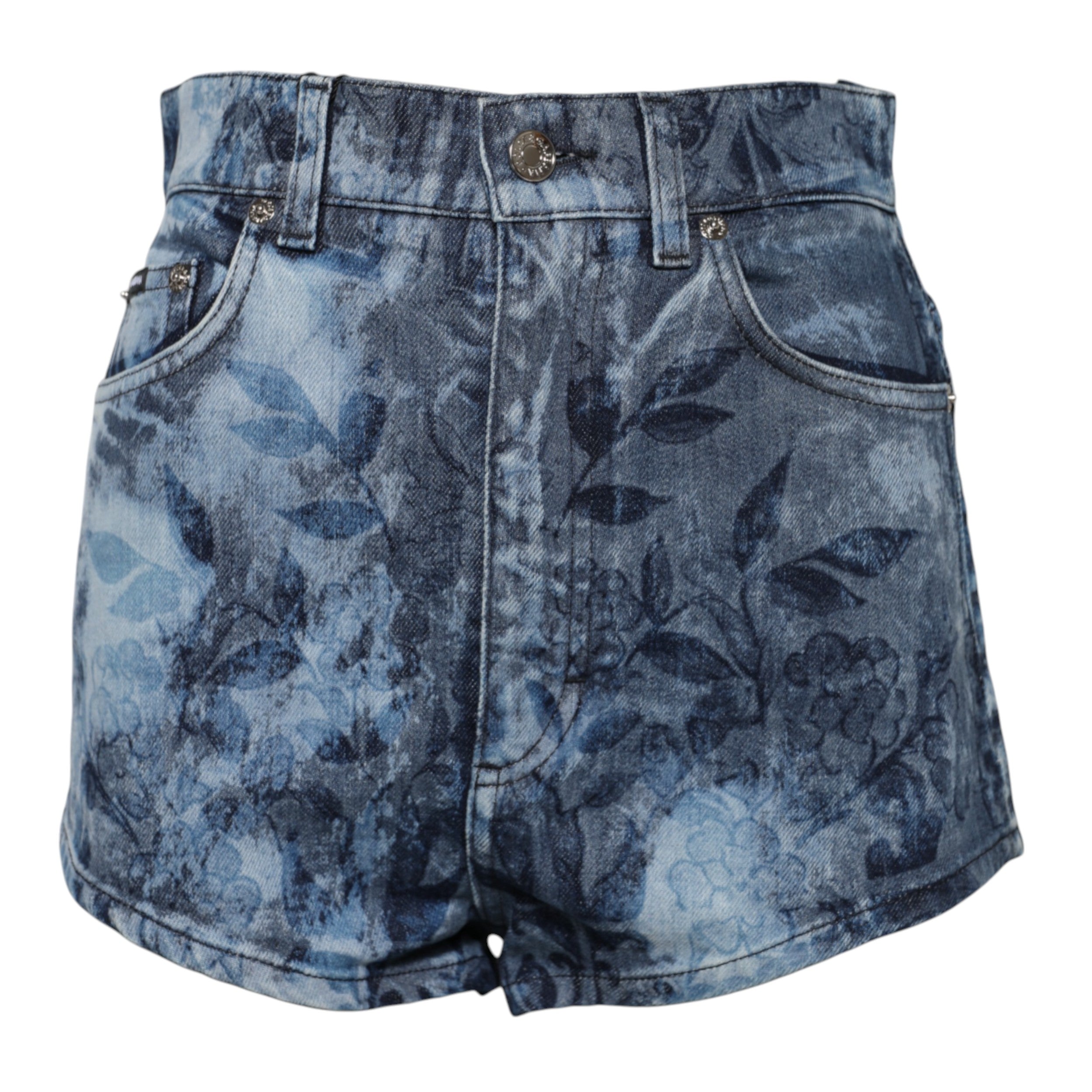 Shorts en denim coton Dolce & Gabbana à imprimé floral bleu, style hot pants, visibles en détail dans l'image.
