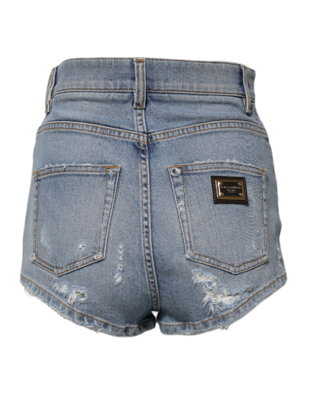 Shorts en jean déchiré en coton bleu Dolce & Gabbana, mode estivale, pantalon court tendance, style décontracté.