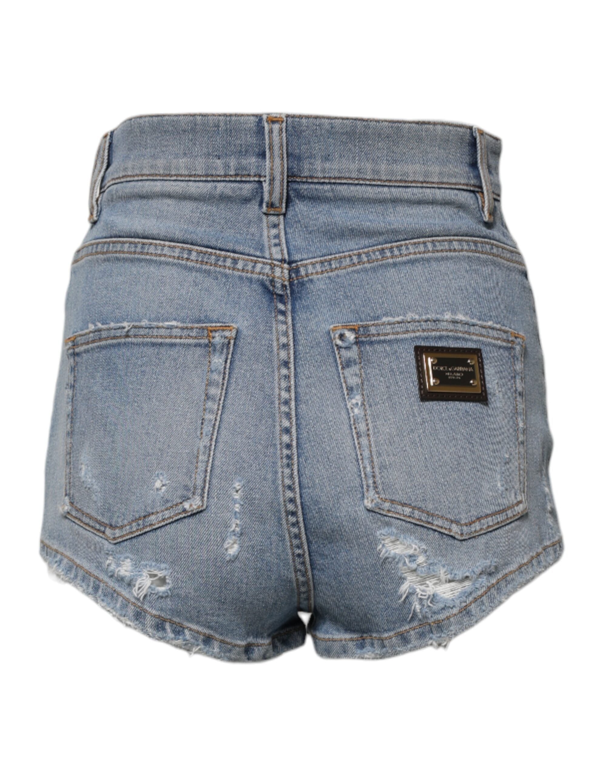 Shorts en jean déchiré en coton bleu Dolce & Gabbana, mode estivale, pantalon court tendance, style décontracté.