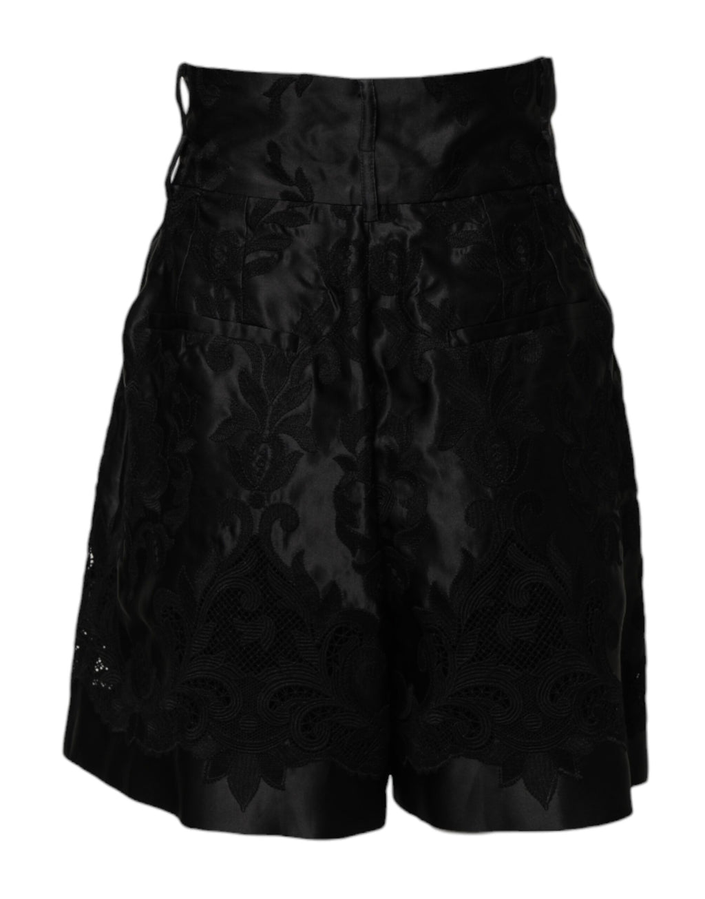 Shorts en soie noire avec broderie florale Dolce & Gabbana, taille haute élégante et détails sophistiqués.