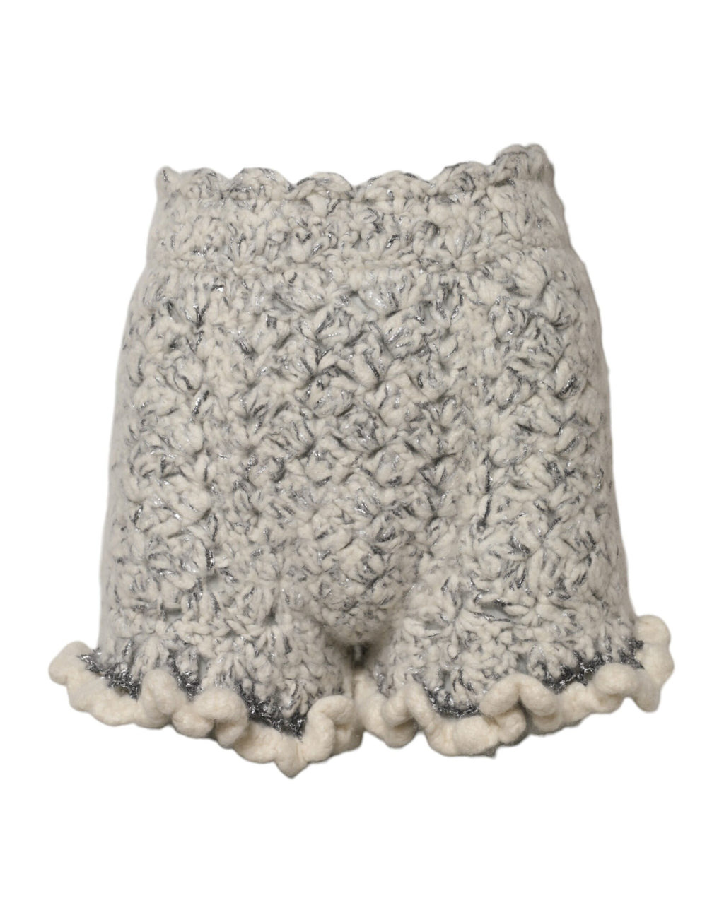 Shorts en cachemire métallisé et bouclé Dolce & Gabbana avec volants, détails élégants et texture brillante visible sur l'image.
