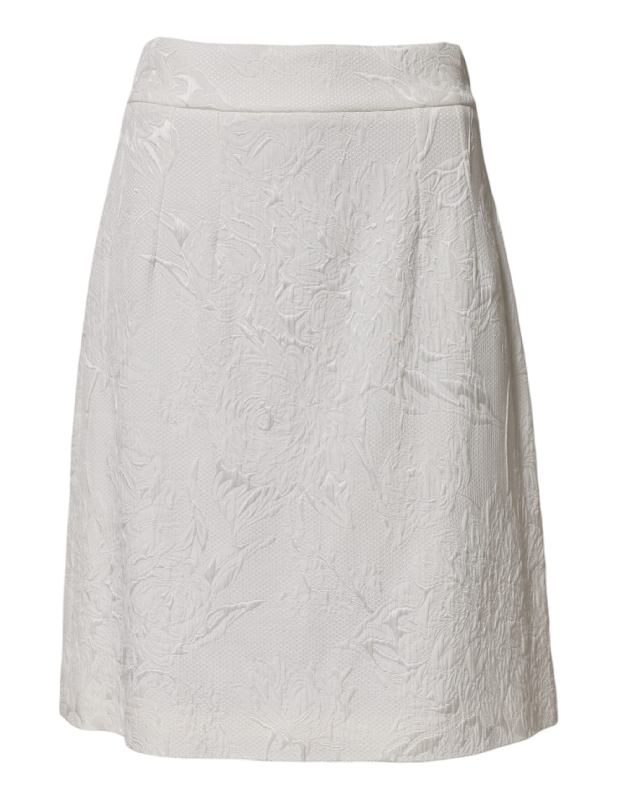 Jupe longue blanche à fleurs en brocart Dolce & Gabbana, coupe évasée à taille haute, élégante et sophistiquée.