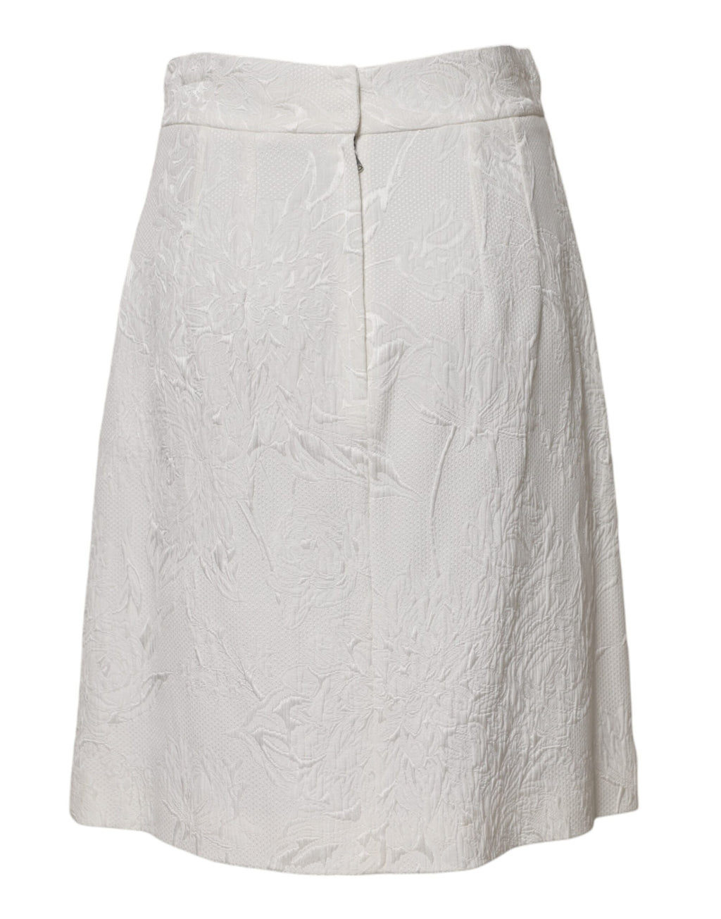 Jupe blanche en brocart florale Dolce & Gabbana, coupe évasée à taille haute élégante et sophistiquée.