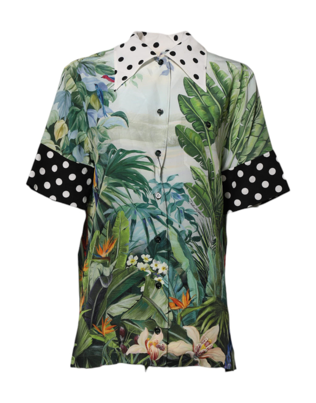 Chemise en soie imprimée multicolore Dolce & Gabbana avec col, vue de face sur le produit.