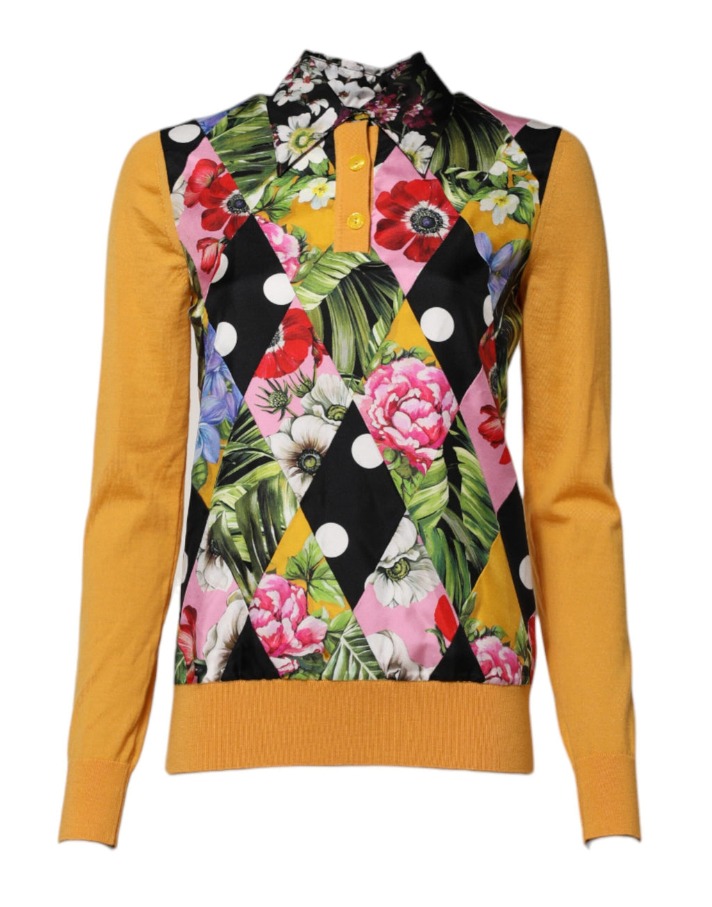 Polo à manches longues Dolce & Gabbana à fleurs multicolores, style élégant avec motifs floraux vibrants sur fond clair.