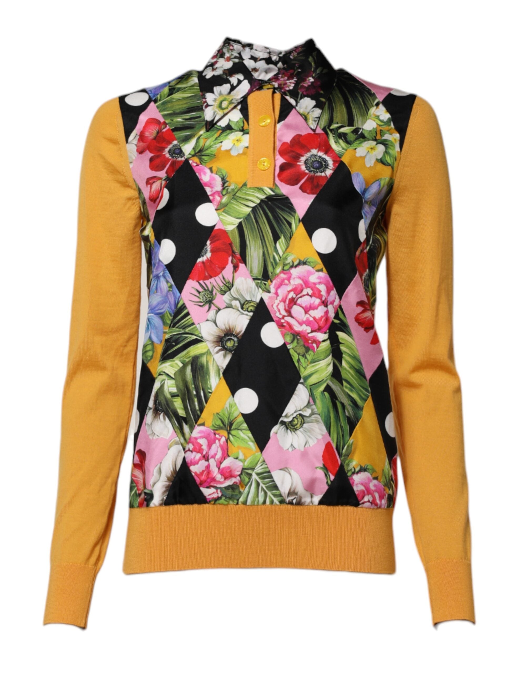 Polo à manches longues Dolce & Gabbana à fleurs multicolores, style élégant avec motifs floraux vibrants sur fond clair.