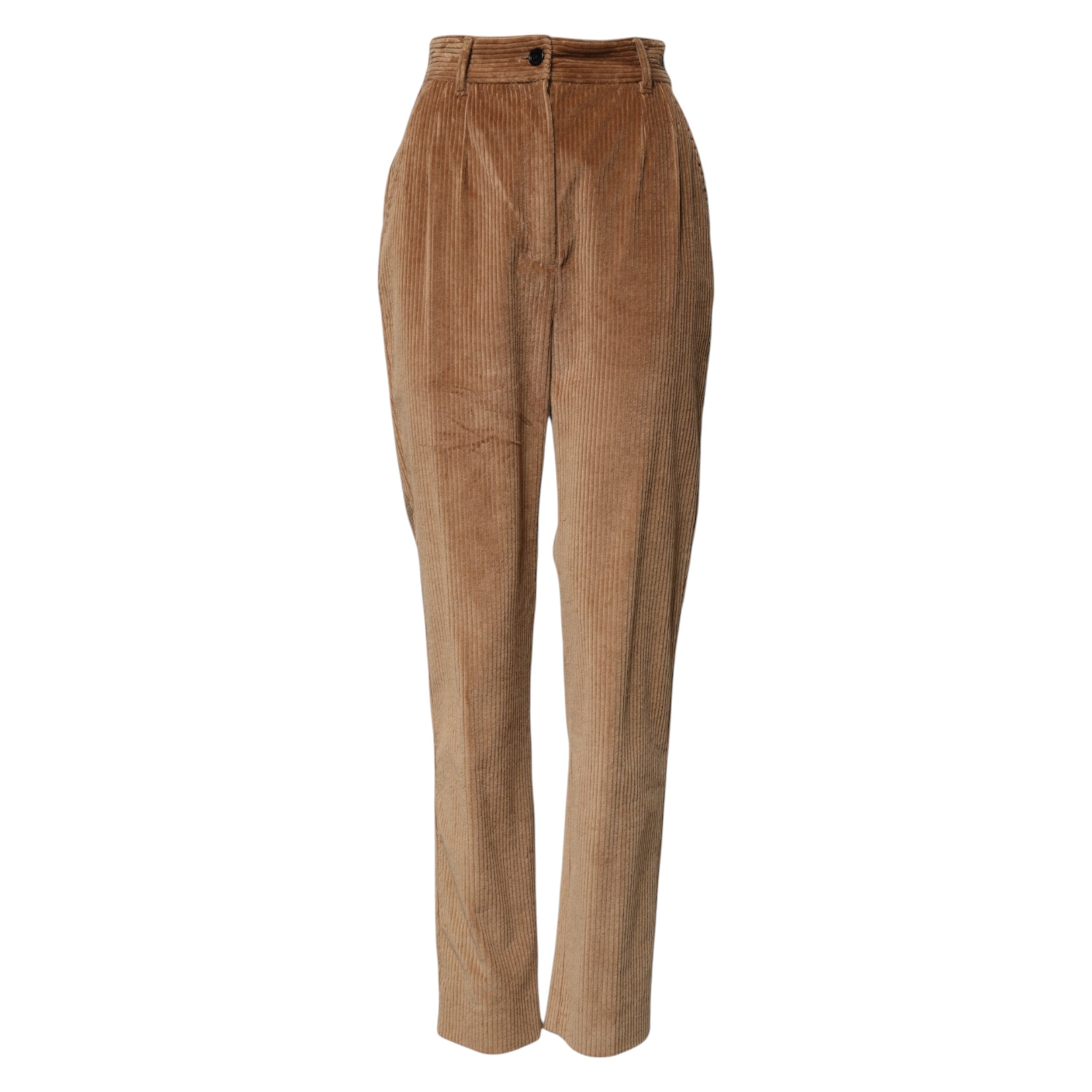 Pantalons en velours côtelé marron de coupe tapered par Dolce & Gabbana, coton doux et tissu texturé visible.