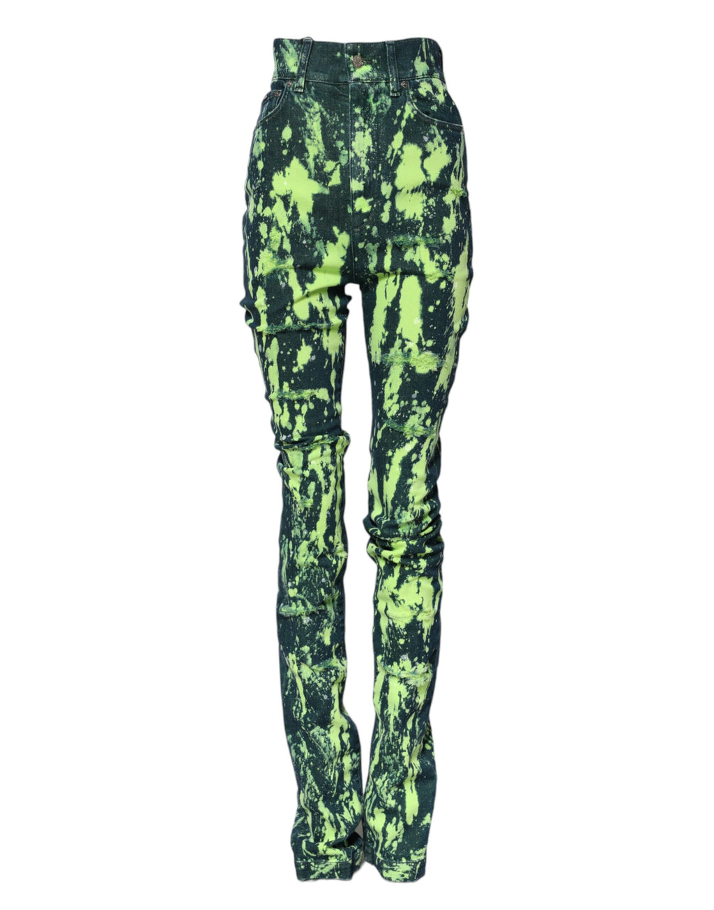 Jeans en denim taille haute Dolce & Gabbana avec éclaboussures de couleur verte, mode élégante et tendance.
