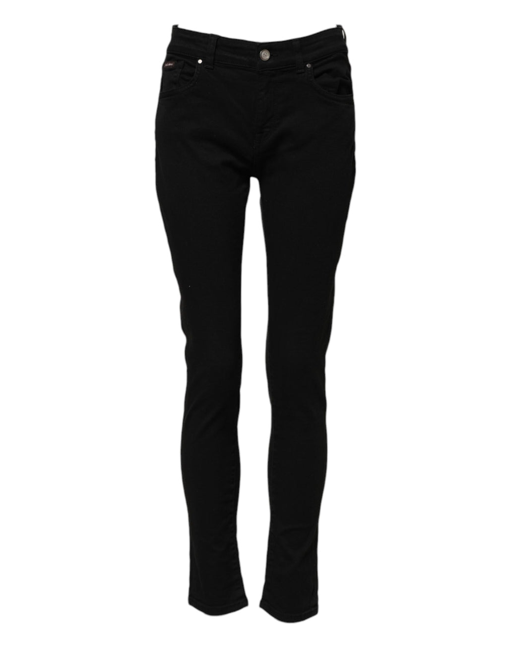 Jeans skinny en denim noir Dolce & Gabbana avec logo, taille mi-haute, avec détails de couture visibles.