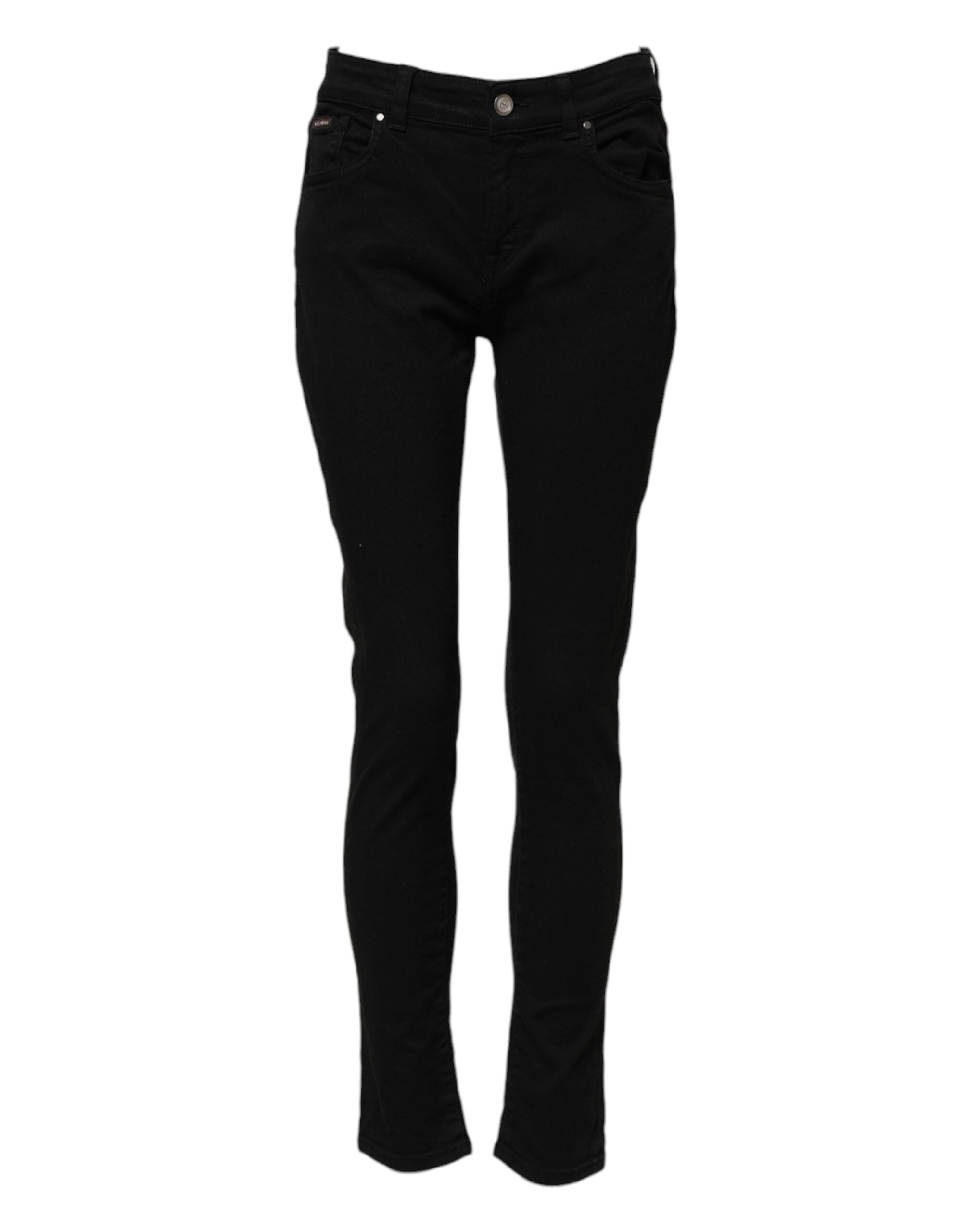 Jeans skinny en denim noir Dolce & Gabbana avec logo, taille mi-haute, avec détails de couture visibles.