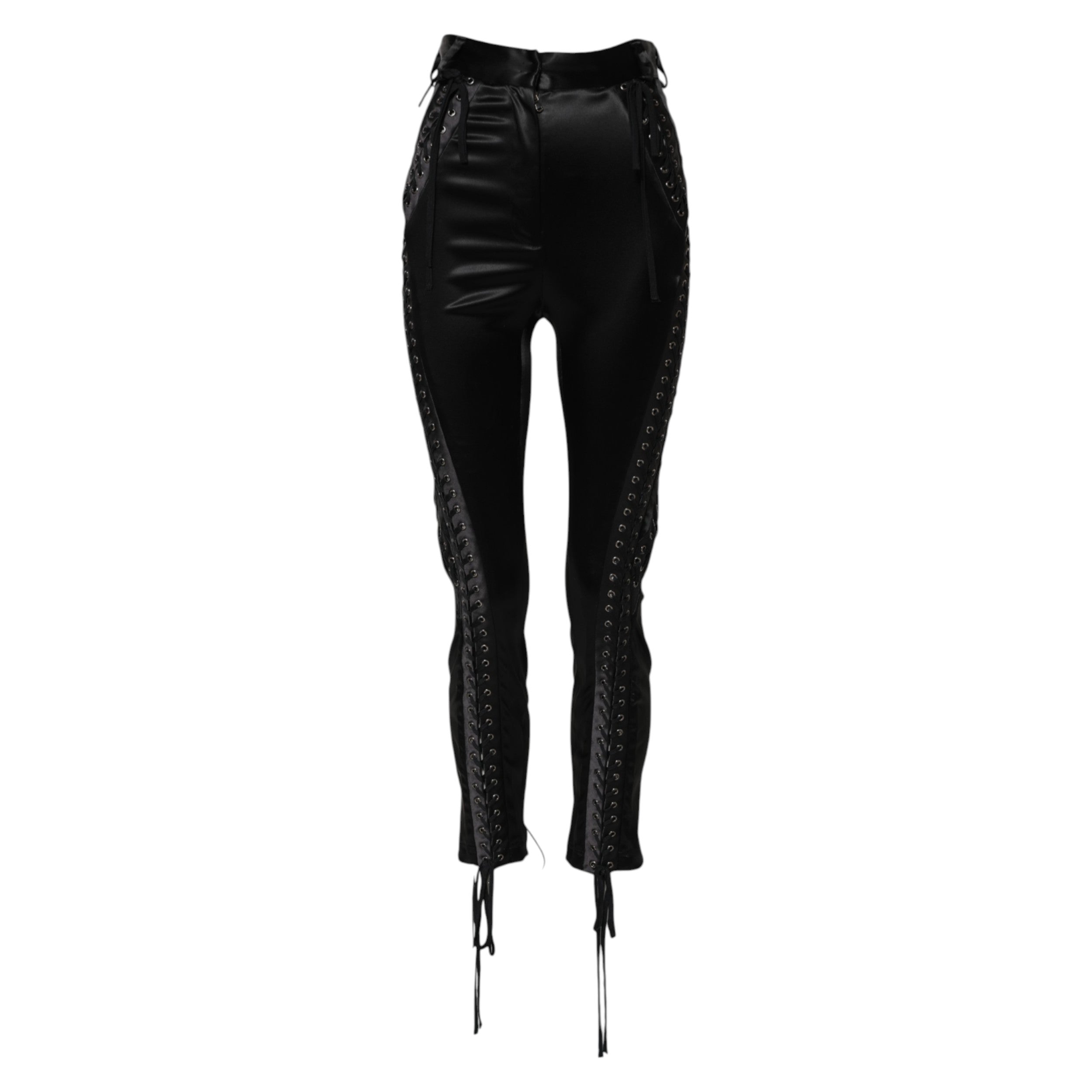 Pantalons skinny taille haute en dentelle noire de Dolce & Gabbana, détails élégants et coupe ajustée.