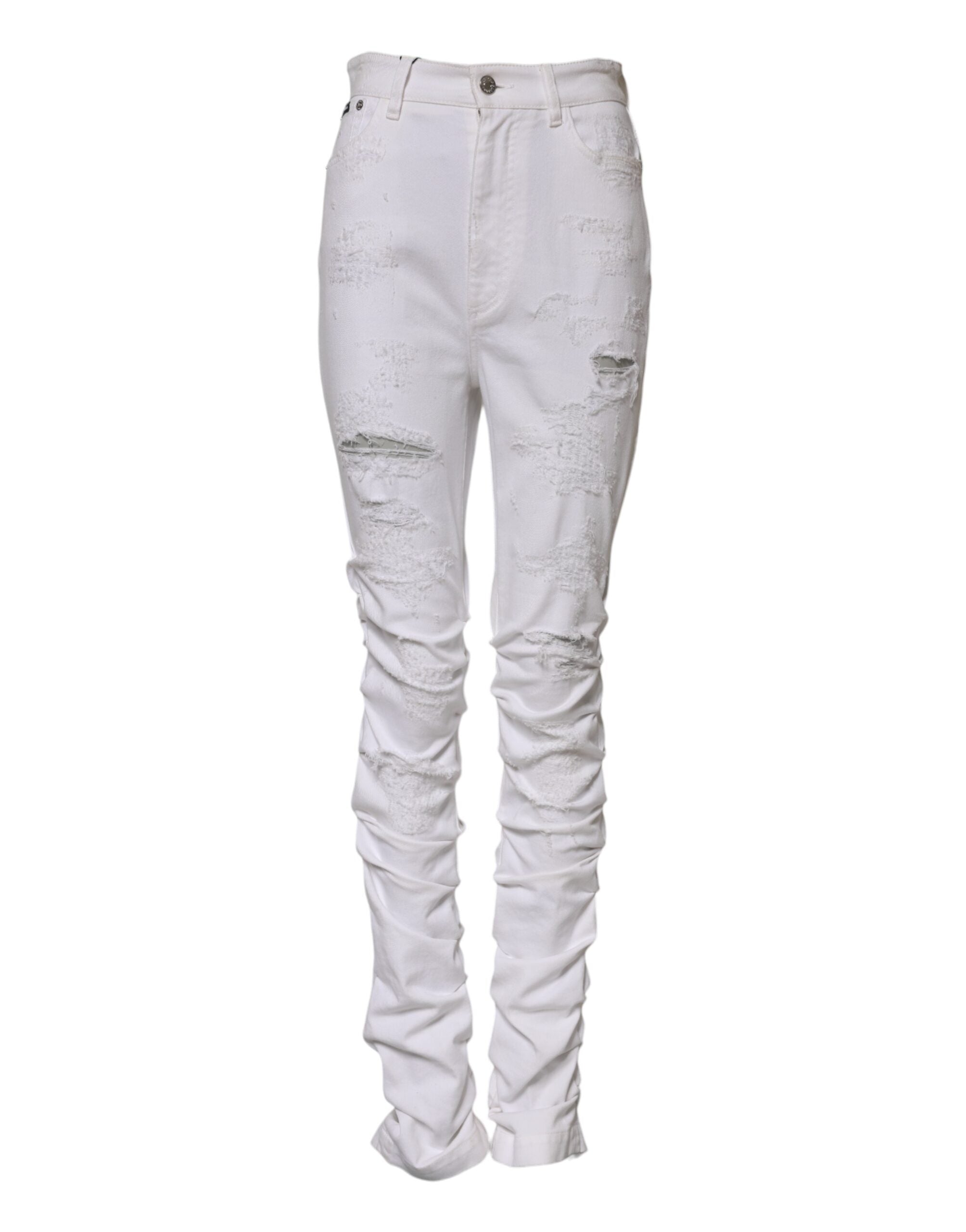 Jeans en denim blanc déchiré à taille haute de Dolce & Gabbana, coupe tendance et détails usés visibles.