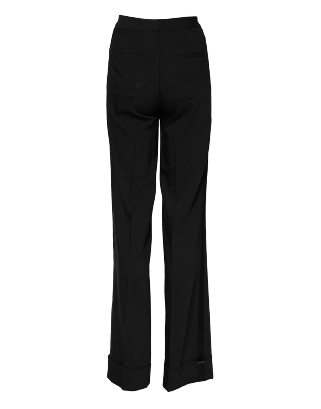 Pantalons évasés en laine noire Dolce & Gabbana à taille haute, mode élégante et sophistiquée, visibles dans l'image.