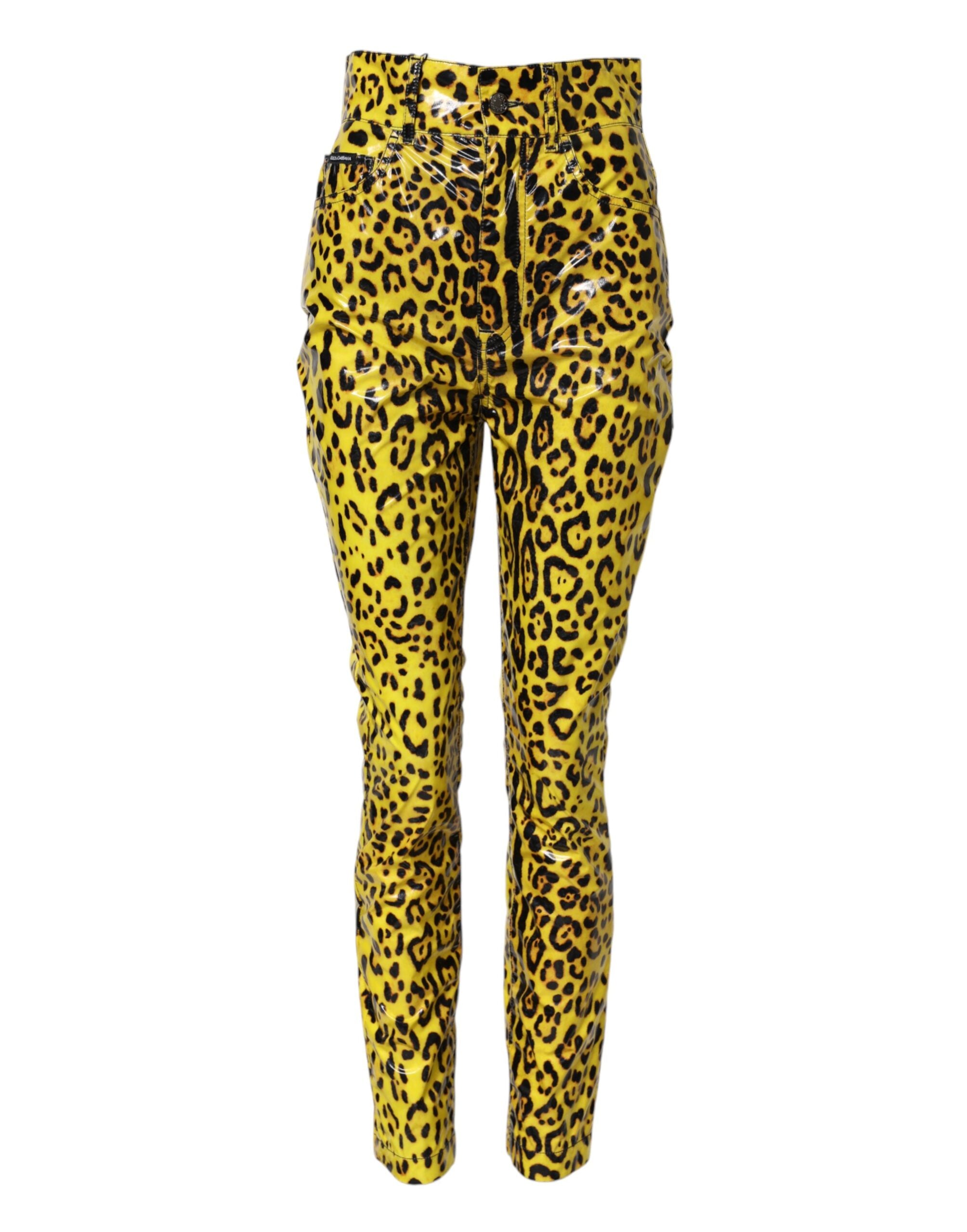 Pantalon slim à taille haute jaune avec motif léopard de Dolce & Gabbana, en tissu léger et élégant.