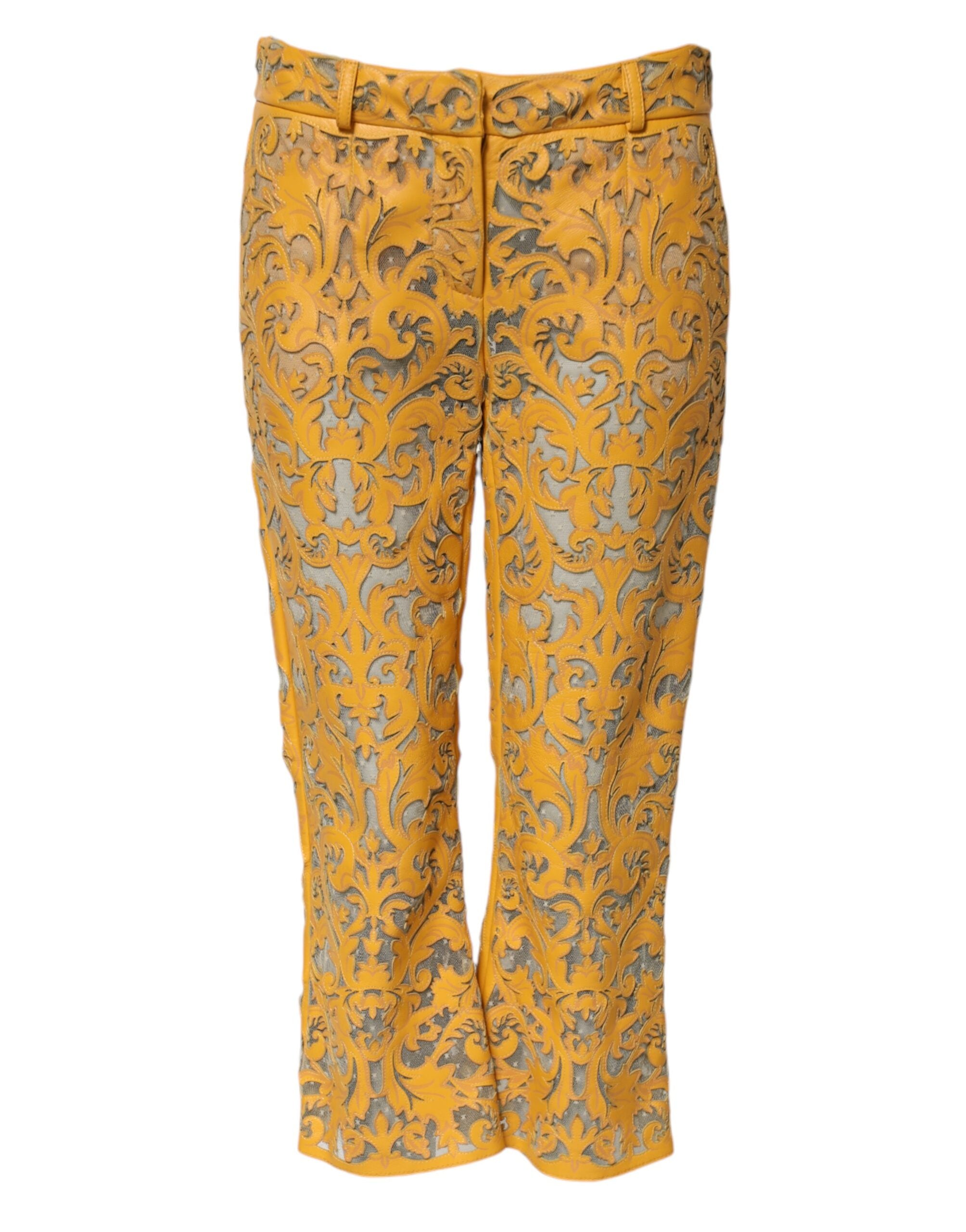 Pantalons capri Dolce & Gabbana jaunes en dentelle florale à taille moyenne, élégants et sophistiqués.