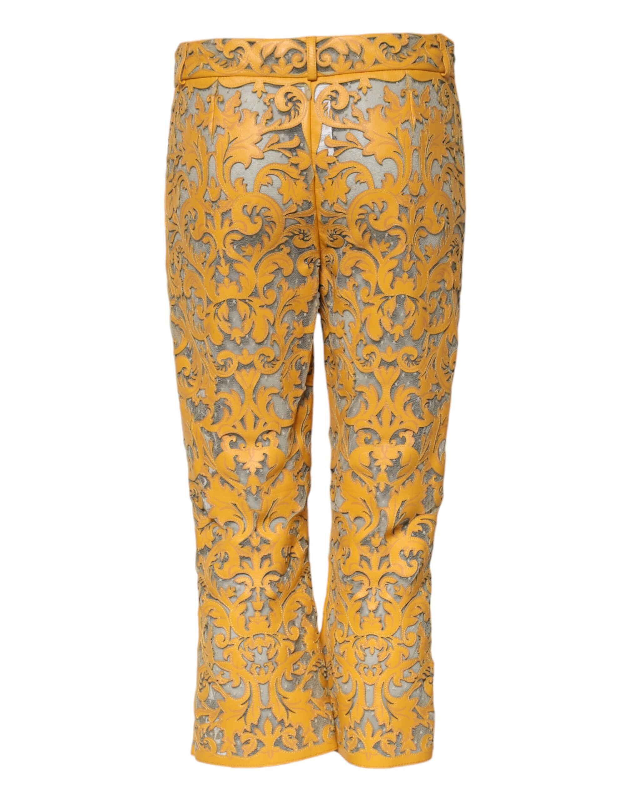 Pantalons Capri Dolce & Gabbana à fleurs jaunes en dentelle, taille mi-hauteur, mode élégante et féminine.