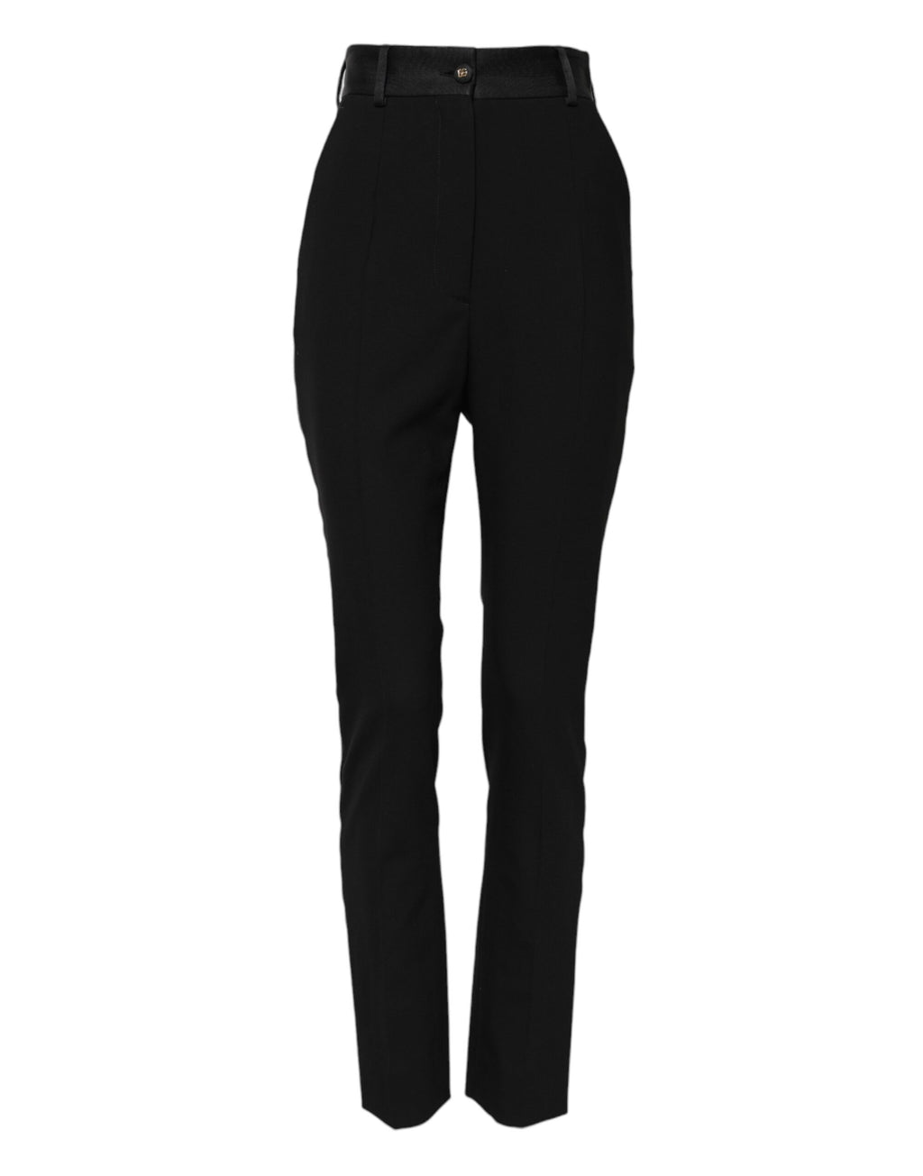 Pantalons skinny en laine noire Dolce & Gabbana à taille haute, ajustés et élégants, visibles en gros plan sur l'image.