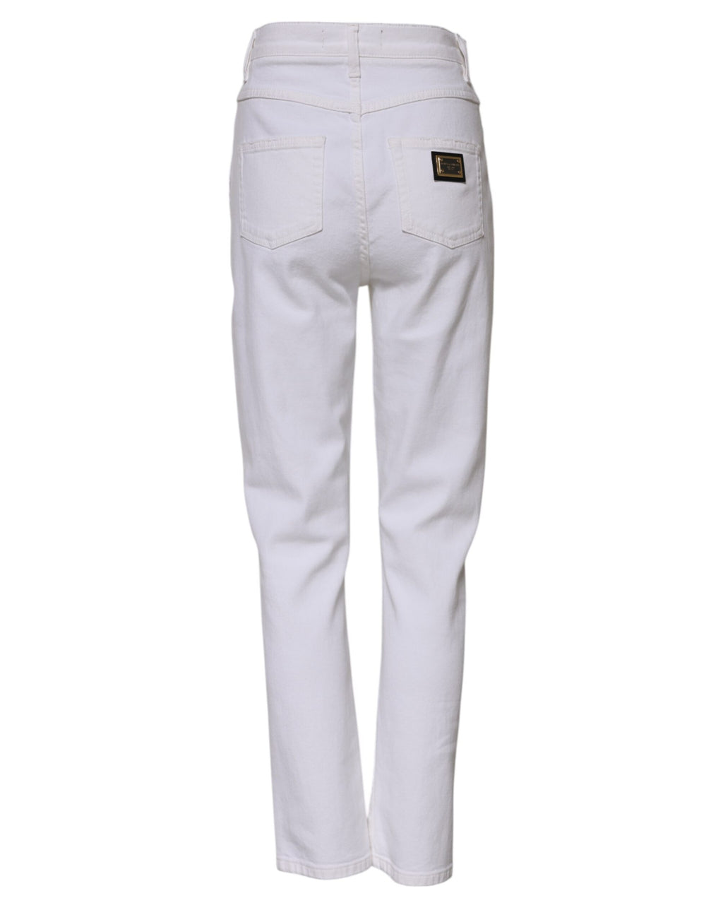 Jeans en denim blanc Dolce & Gabbana, coupe droite taille haute, détails visibles sur le tissu en coton.