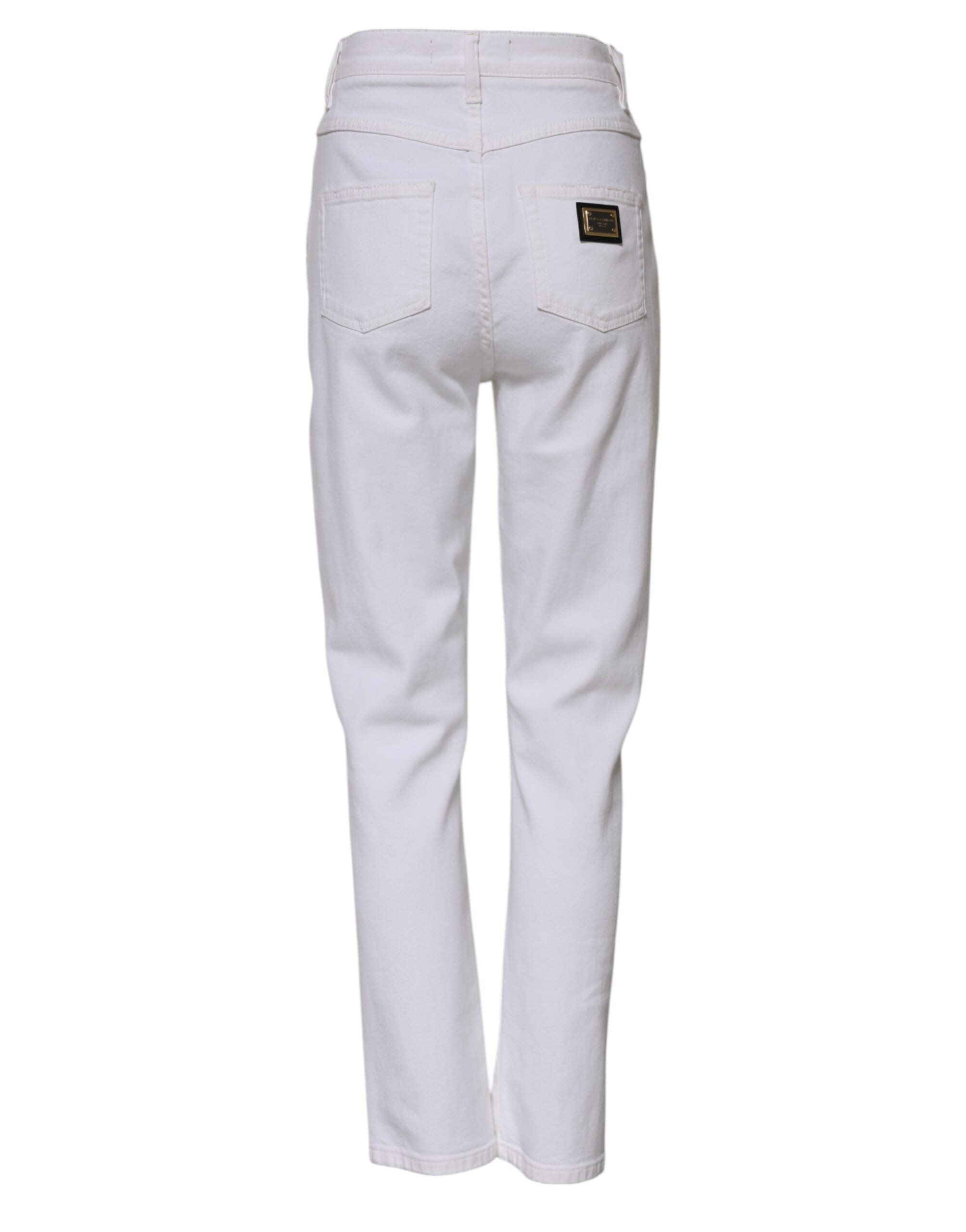 Jeans en denim blanc Dolce & Gabbana, coupe droite taille haute, détails visibles sur le tissu en coton.