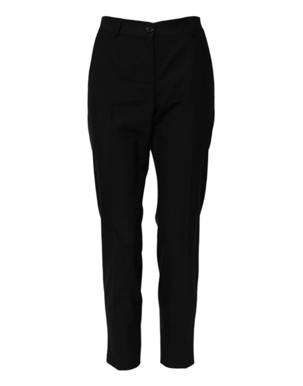 Pantalons noirs en laine Dolce & Gabbana, taille haute et coupe tapered, visibles en gros plan sur l'image.